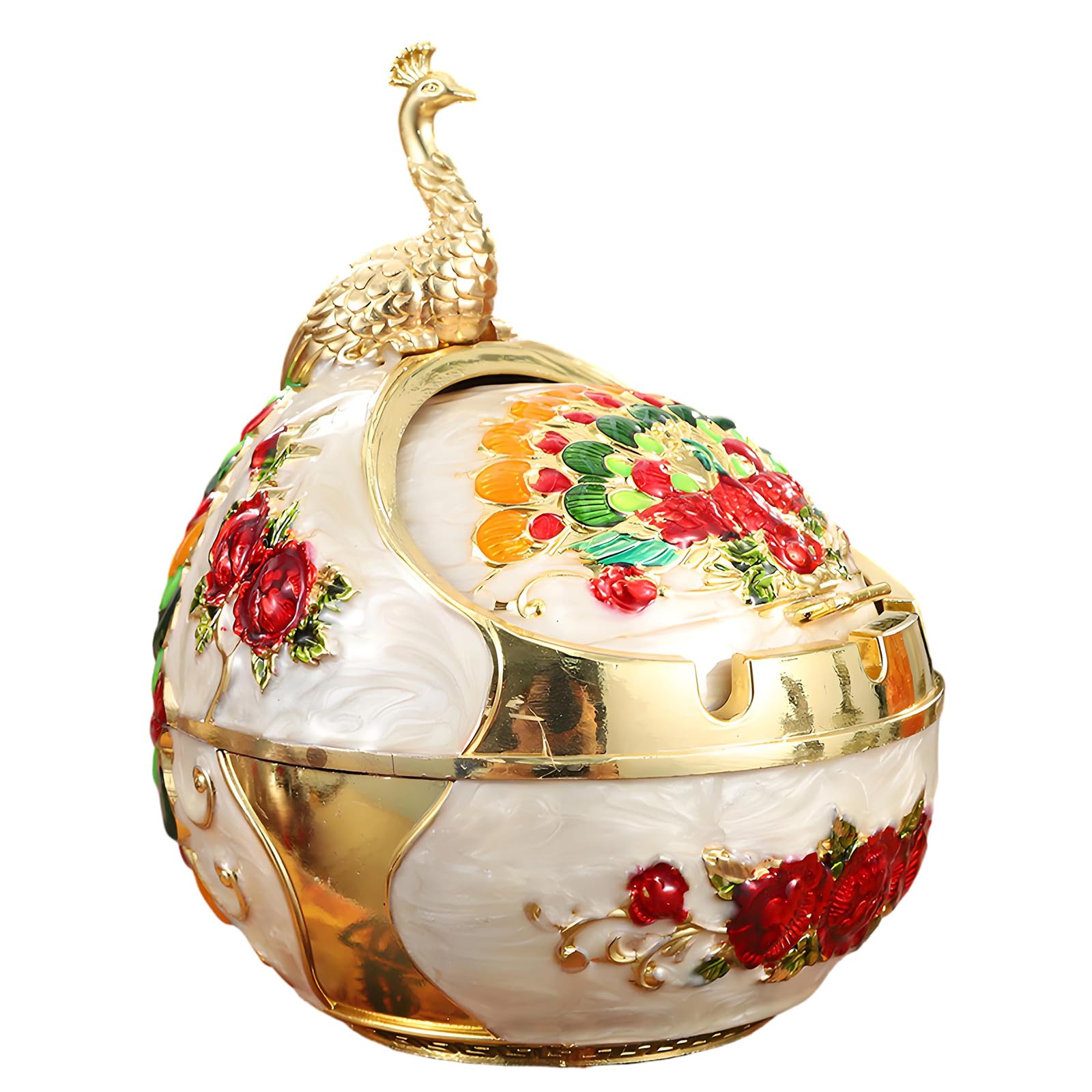 Covered Windproof Ashtray Holder with Lid, Decorative Metal Tabletop Ashtray with Bird Ornament and Two Rest Slots for Balcony Use Covered Wind Guard Holder Decorative Metal Tabletop Tray Lidded Bird