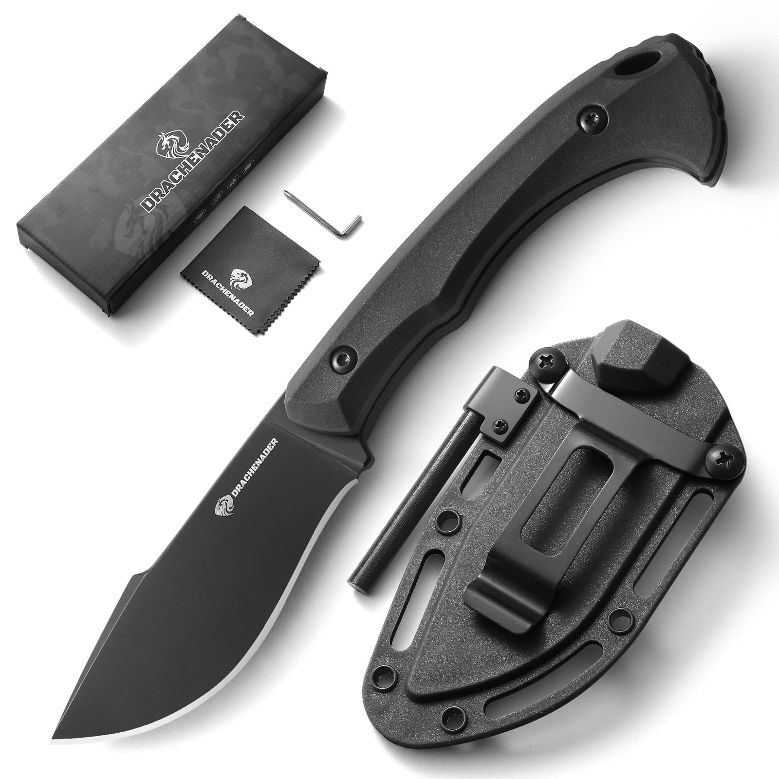 DRACHENADER 7.68" EDC Survival Knife with Fire Starter L-Y, Small EDC Full Tang Fixed Blade Knife with Sheath, Belt Clip, Full Black