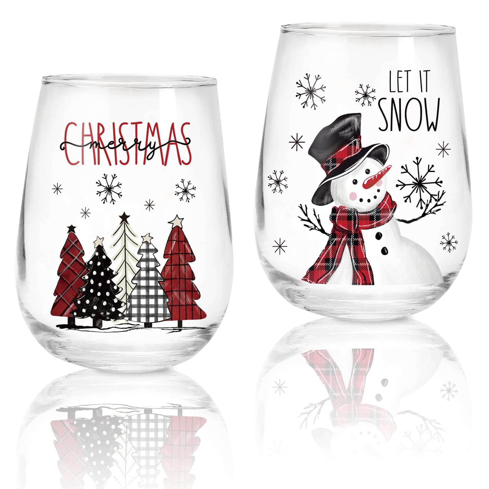 Verres à vin de Noël motif carreaux rouge et noir avec grand volume de 500 ml