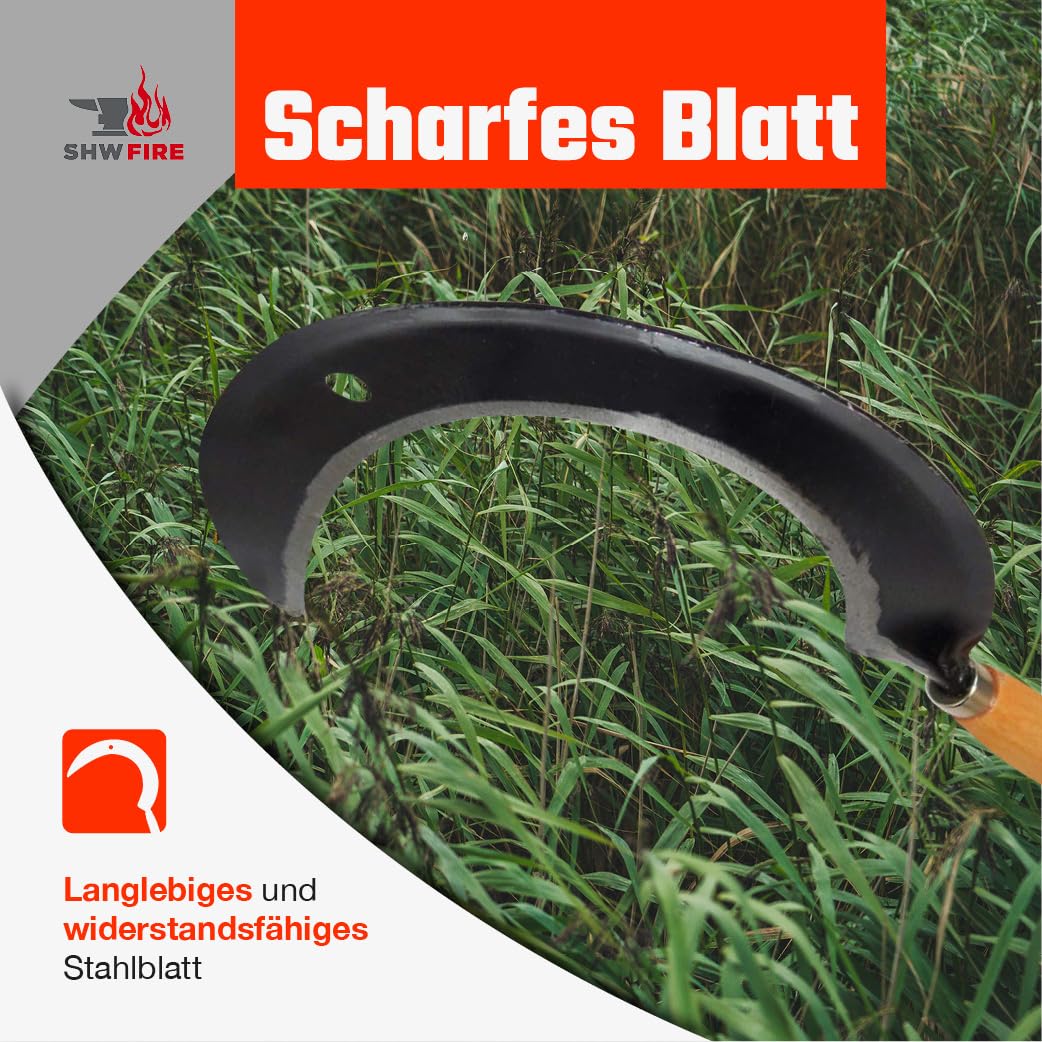 SHW-FIRE Blattsichel für den Garten mit Holzgriff - Handgeschmiedete Rund-Sichel für Handsichelarbeiten - inkl. Schneideschutz - Made in Germany