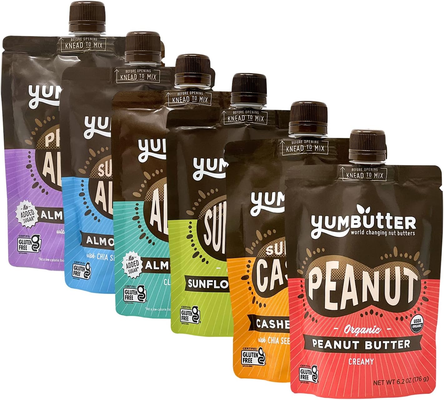 Nut Butter Rainbow Variety Pack by Yumbutter, Superfood Almond, Superfood Cashew, Protein Almond, Almond Butter No Sugar Added, Organic Peanut, and Organic Sunflower, 6.2 oz Pouch (Pack of 6)