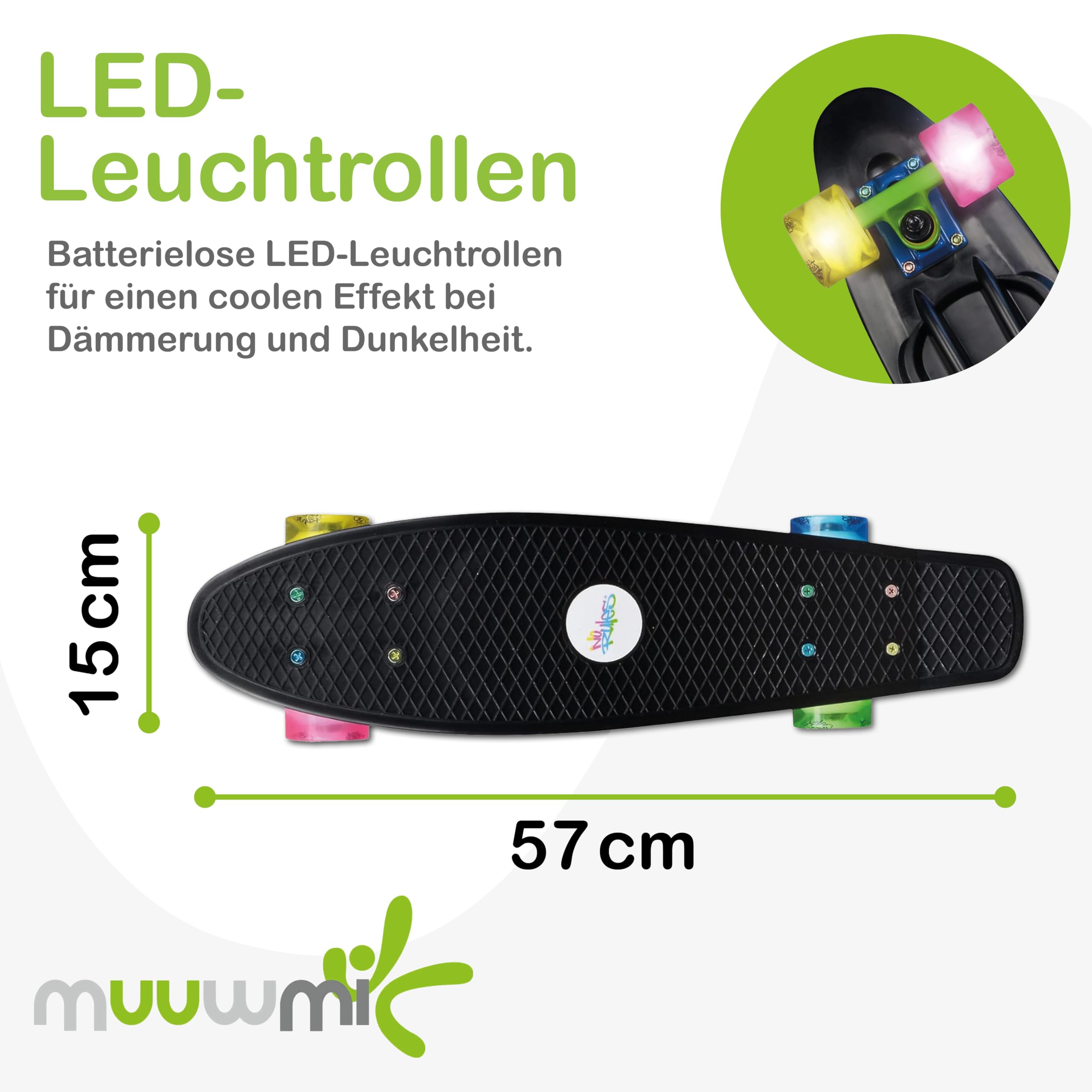 Muuwmi Skateboard Fun - Board Deck 57x15cm - ABEC 5 und PU-Rollen 60x45mm