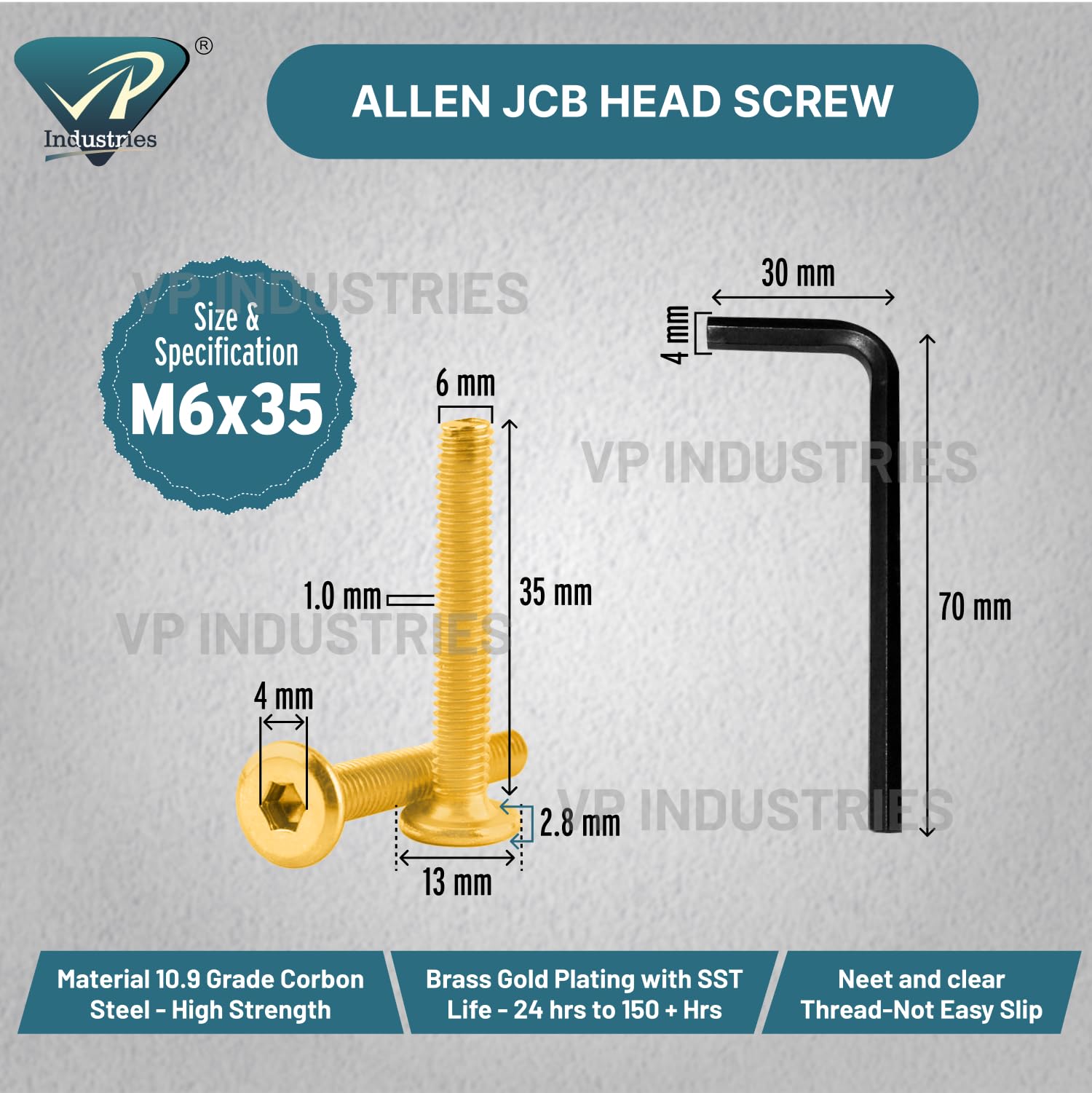Rely®⇒VP INDUSTRIES (Pcs-25) M6x35 mm JCB Allen Head Furniture Screw Fastener Bolts | Furniture Bolt Crib Bunk Bed Furniture Cot, Barrel Bolt | Allen JCB Screw High Tensile Alloy Steel 10.9 Grad - Image 2 thumbnail