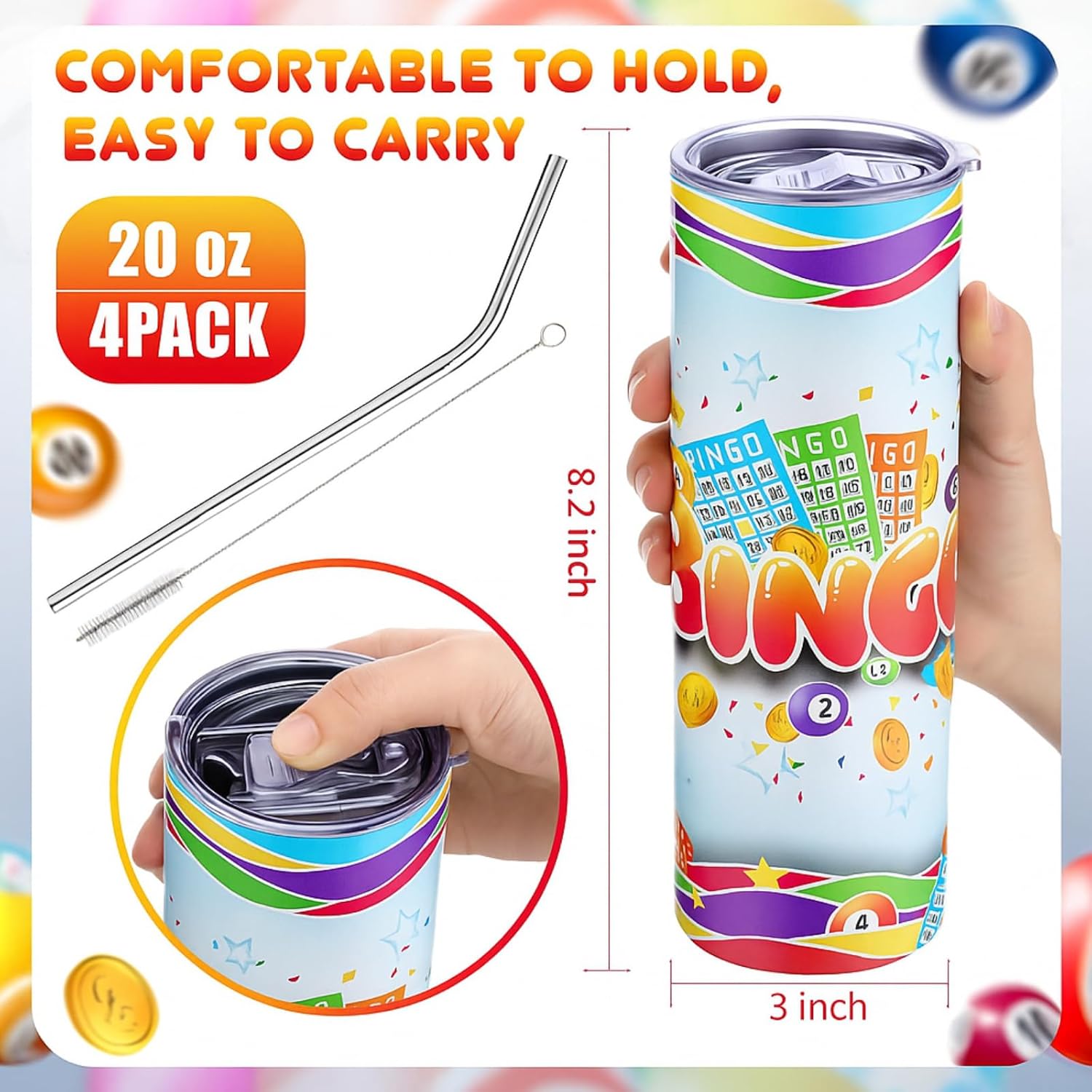 Geiserailie 4 Pack Bingo Tumbler Cups 20 oz Bingo Game Gifts Stainless Steel Tumbler with Lids Prizes for Seniors Mom Grandma Dad (Classic)