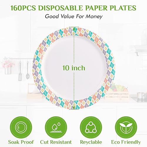 Miniatura 3 de FOCUSLINE Platos de papel de 10 pulgadas, 160 platos de papel desechables para uso diario, a prueba de cortes y remojos, plato llano grande, redondo