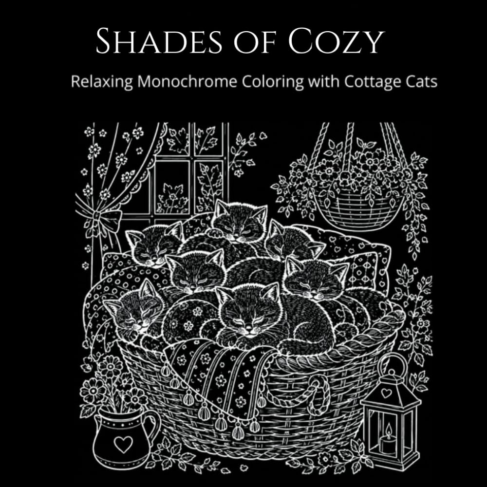 Shades of Cozy: Relaxing Monochrome coloring with Cottage Cats