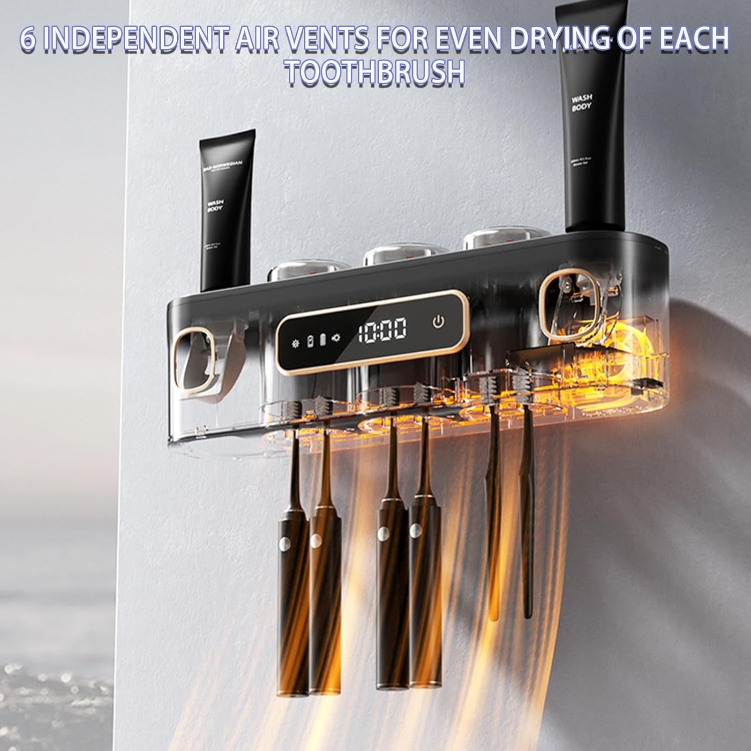 Toothbrush Holders for Bathrooms, Wekity Automatic Toothpaste Dispenser Space Saving Toothbrush and Toothpaste Holder，Toothbrush Holder Wall Mounted with 3 Cups (Grey)