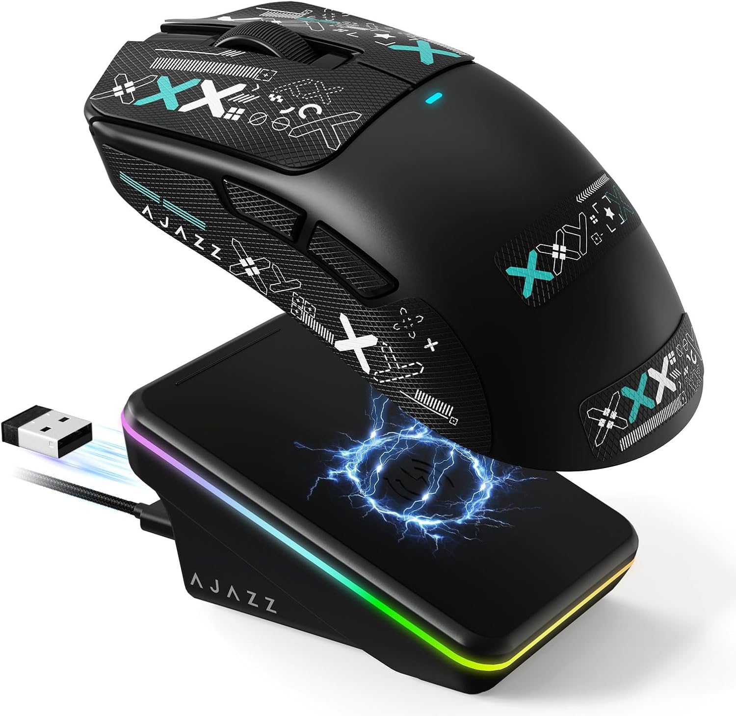 AJAZZ AJ200 AI Gaming Mouse, Bluetooth 5.0/2.4G/USB-C Tri-Mode Wireless Mouse with PAW3311 Sensor, Up to 24000 DPI, 61g Ultra Lightweight AI Gaming Assistant, RGB Charging Dock for PC Gaming-Black Pro