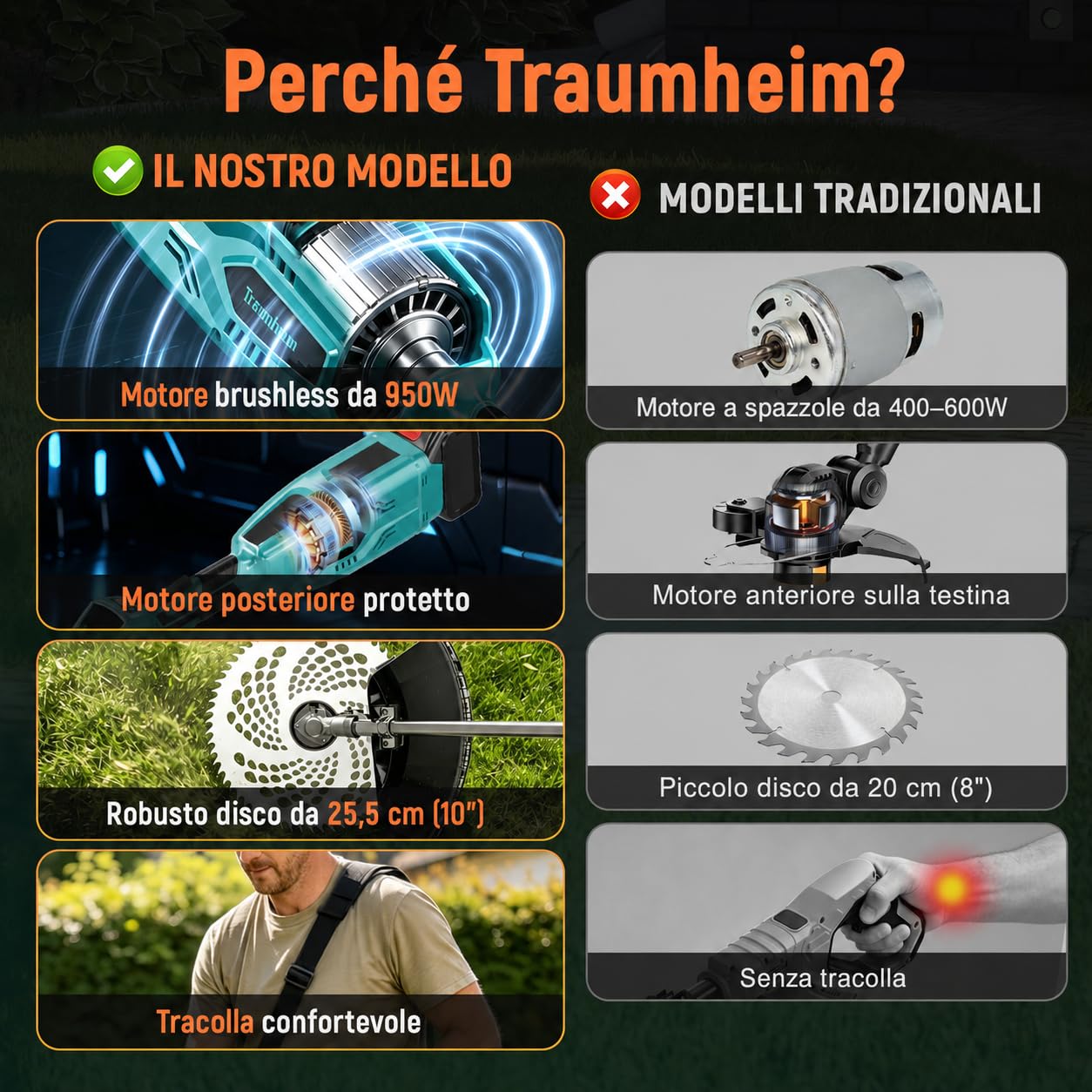 Decespugliatore a Batteria 4 in 1 Brushless con 950W, 2 Batterie 4,0 Ah