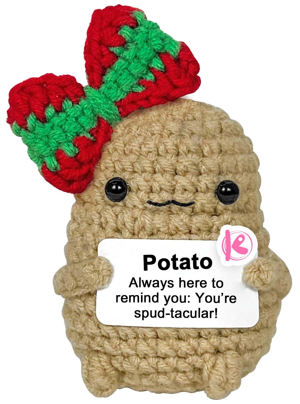 Krinisou Positive Crochet Christmas Potato with Bow, Emotional Crocheted Potato, Cute Small Xmas Presents Gifts for Women 1Pc