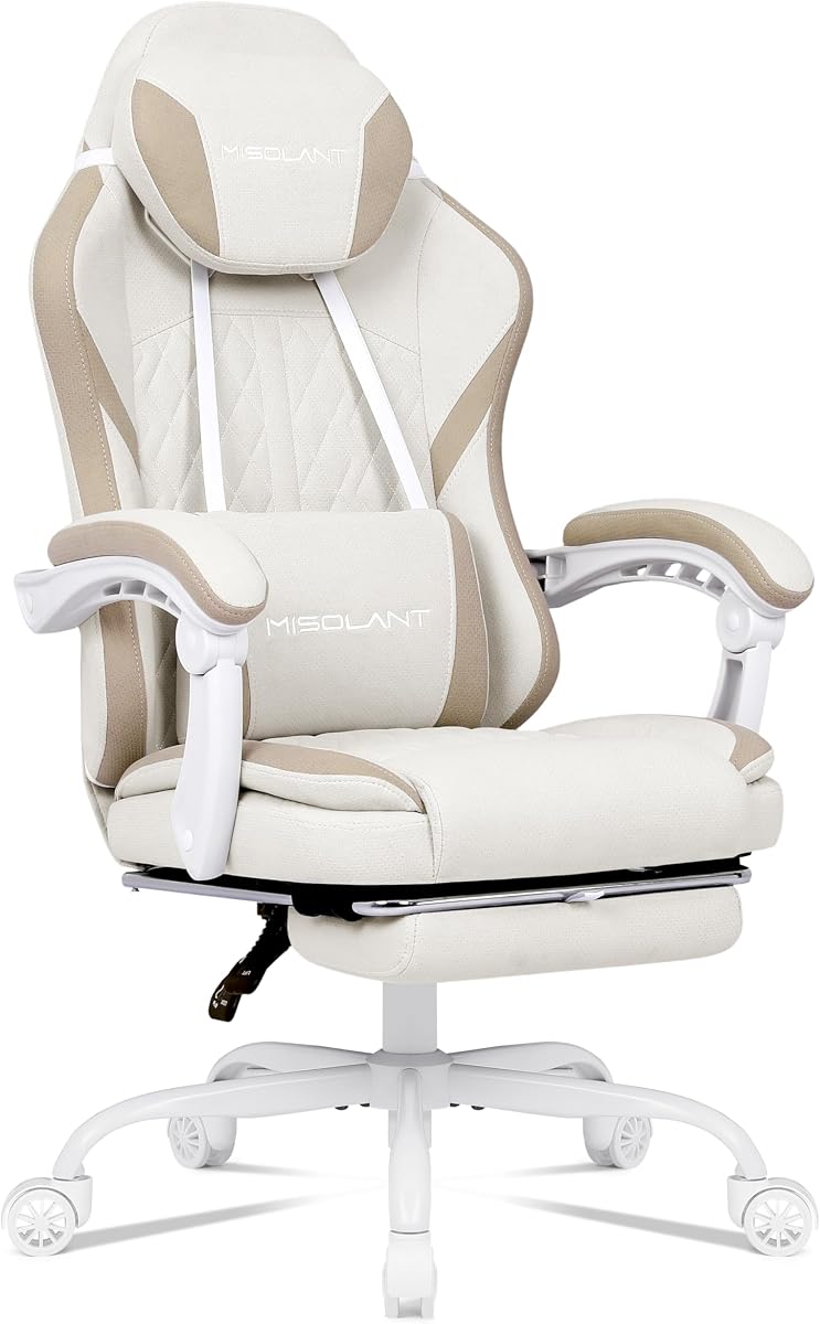 Misolant Silla para Juegos, Silla Gamer de Tela con Reposapiés para Adultos, Silla Ergonómica para Juegos de Computadora con Respaldo Alto con Reposacabezas Ajustable y Soporte Lumbar de Masaje, Sin Reclinación de 90-155°, Beige