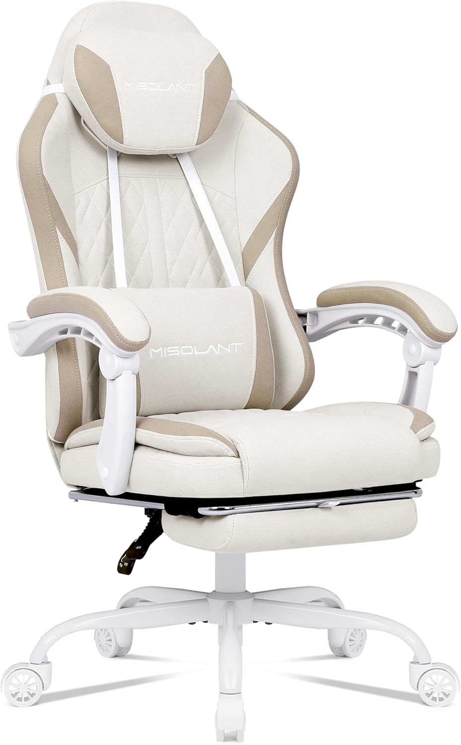 Misolant Gaming Chair, Fabric Gamer Chair with footrest for Adults, High Back Ergonomic Computer Game Chair with Adjustable Headrest and Massage Lumbar Support, 90-155° Recline Free, Beige