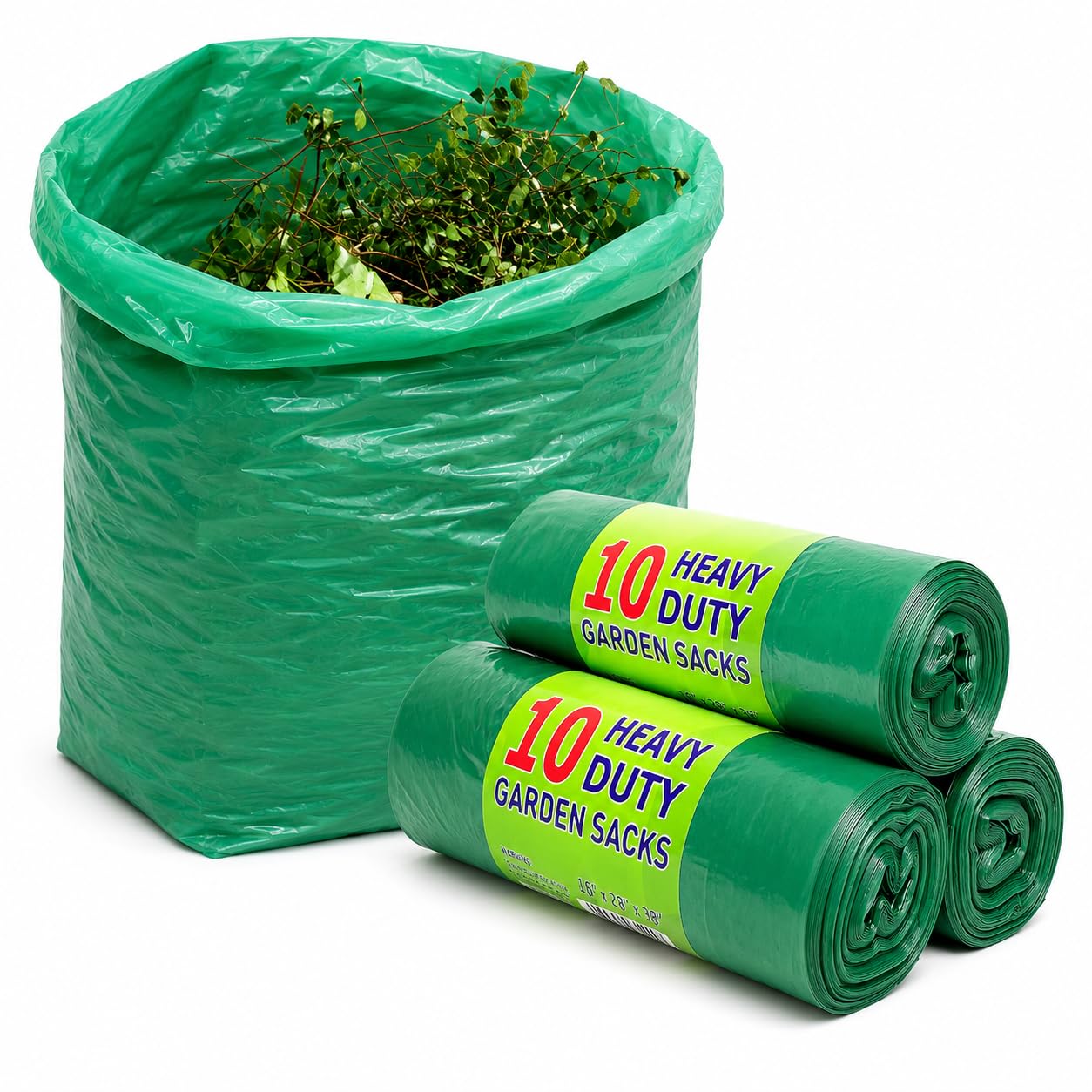 KNWER CLOTHING 100L Heavy Duty Garden Waste Bags – 3 Bundles of 10 (Total 30), Green, Strong Rubbish Sacks for Leaves, Grass & Lawn Clippings
