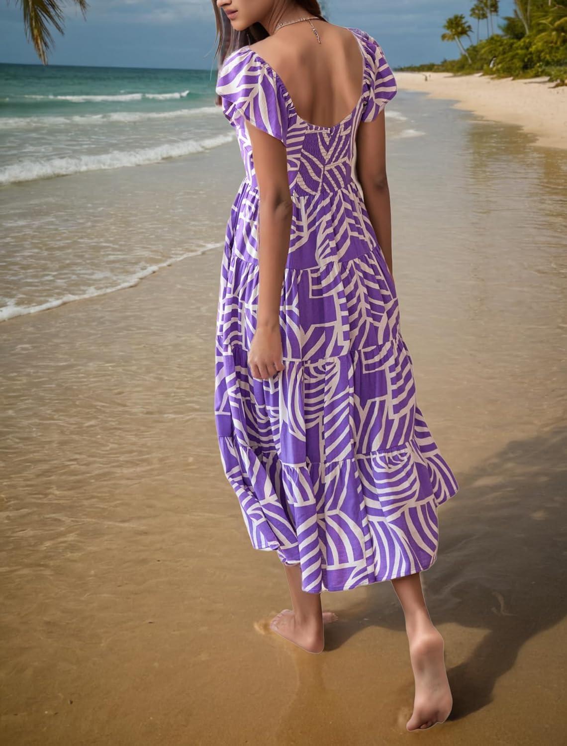 GOLDSTITCH Women's Summer Floral Maxi Dress Casual Short Sleeve V Neck Smocked Beach Sundress - Image 4