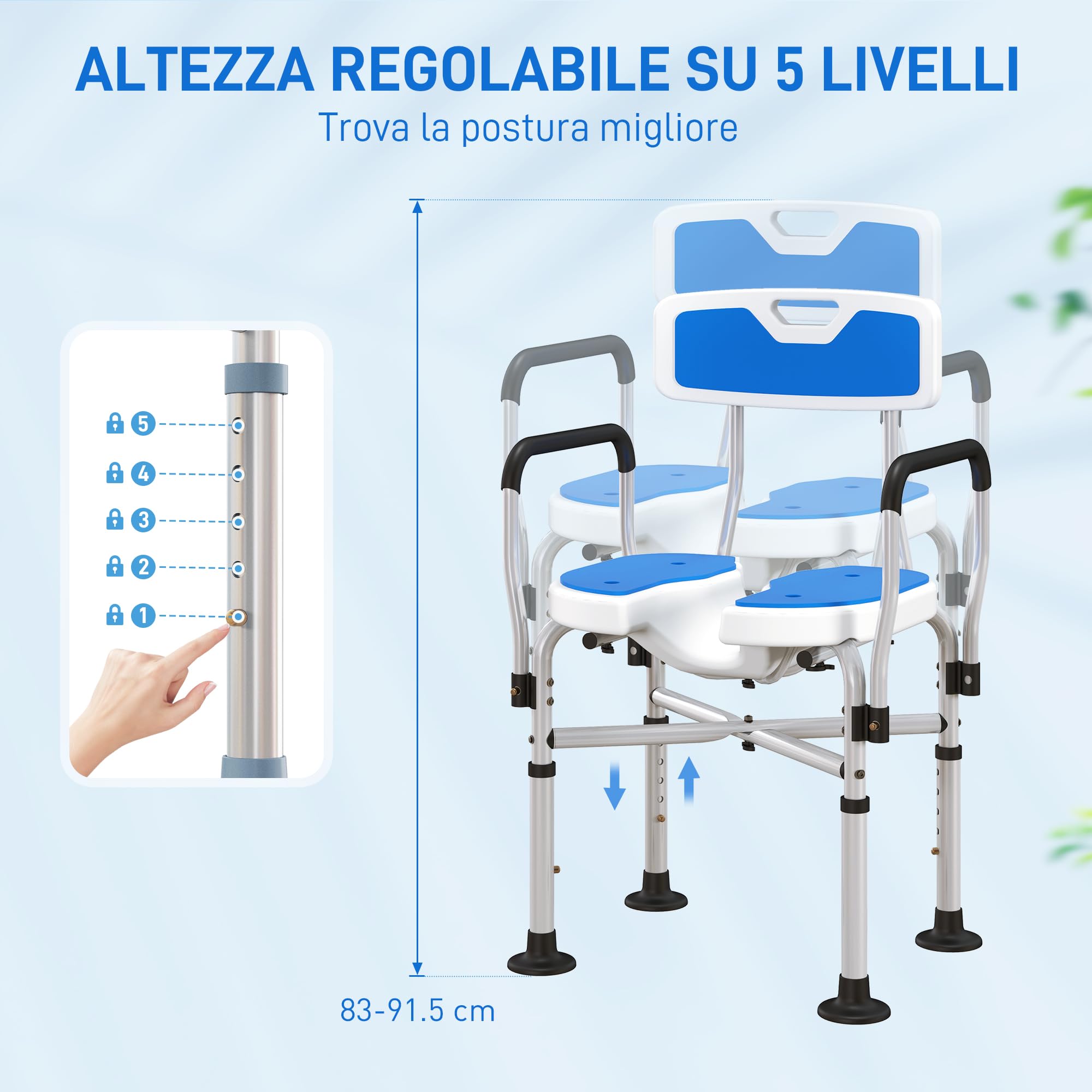 HOMCOM Sedia Doccia con Schienale, Braccioli, Seduta Scanalata e Barre di Rinforzo, Sgabello Doccia con Altezza Regolabile, Fori per Acqua e Piedini Antiscivolo per Anziani e Disabili, Blu