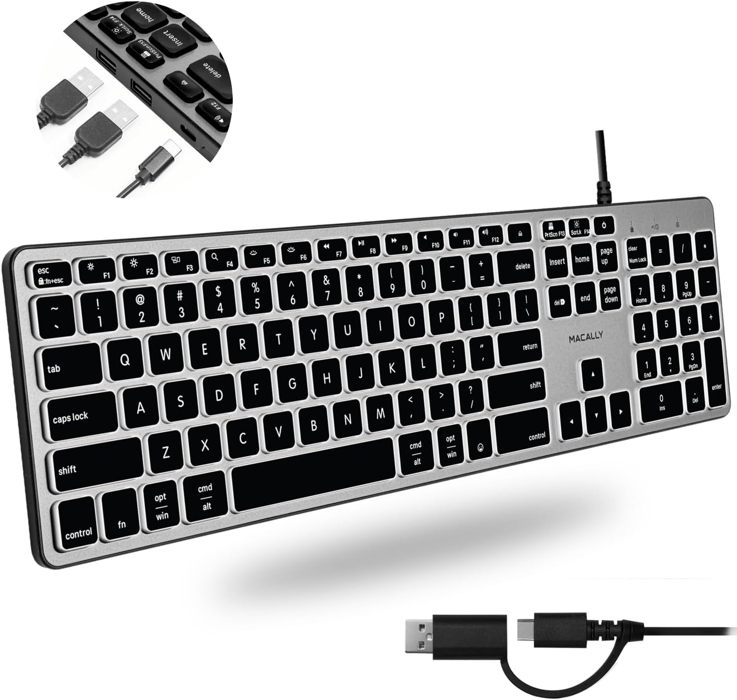 Wired Keyboard for Mac with USB Hub (2X USB-A / 1x USB-C) - Compatible Backlit Apple Keyboard with Dual Interface - Auto OS Detection for Mac, MacBook Pro/Air, iMac, PC, Android, iPad, iOS