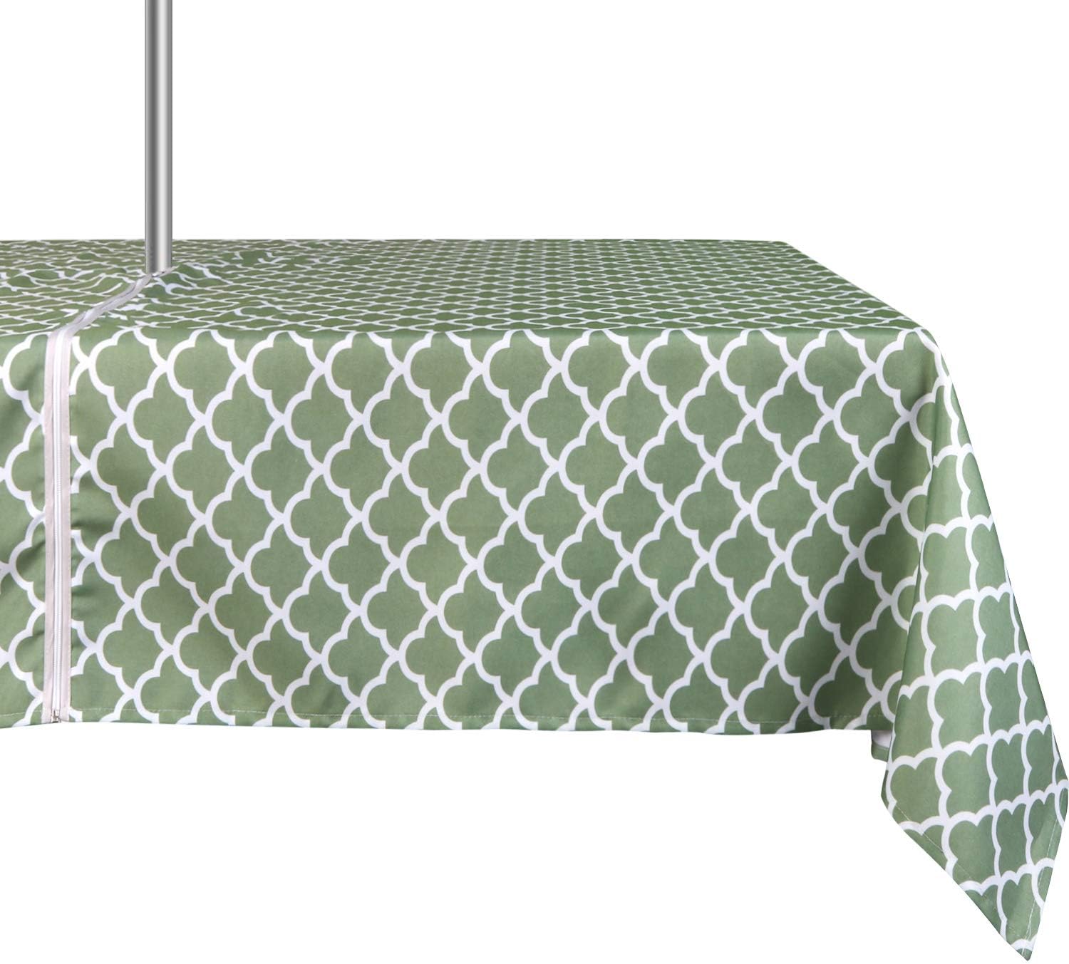 ColorBird Elegant Trellis Outdoor Tablecloth Waterproof Spillproof Polyester Fabric Table Cover with Zipper Umbrella Hole for Patio Garden Tabletop Decor, 60 x 84 Inch, Zippered, Green