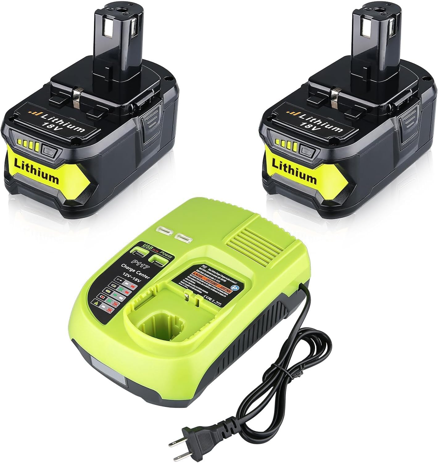 VINIDA 2Pack 6.0Ah Repacement for Ryobi 18V Battery with P117 Charger Compatible with Ryobi Battery 18V P102 P103 P104 P105 P107 P108 P109 Battery & Charger Kit