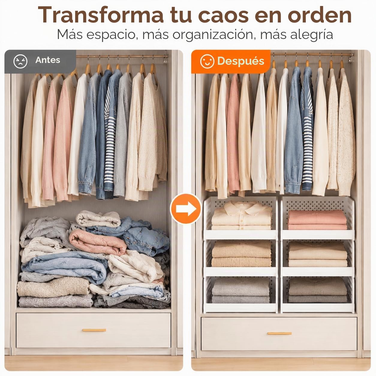 RMAN® Organizador Armario Plegable, 4 Unidades, Blanco | Almacenaje Ropa, Cajones Apilables de Plástico, Sistema Extraíble de Guías Deslizantes Independientes, Para Dormitorio, Baño