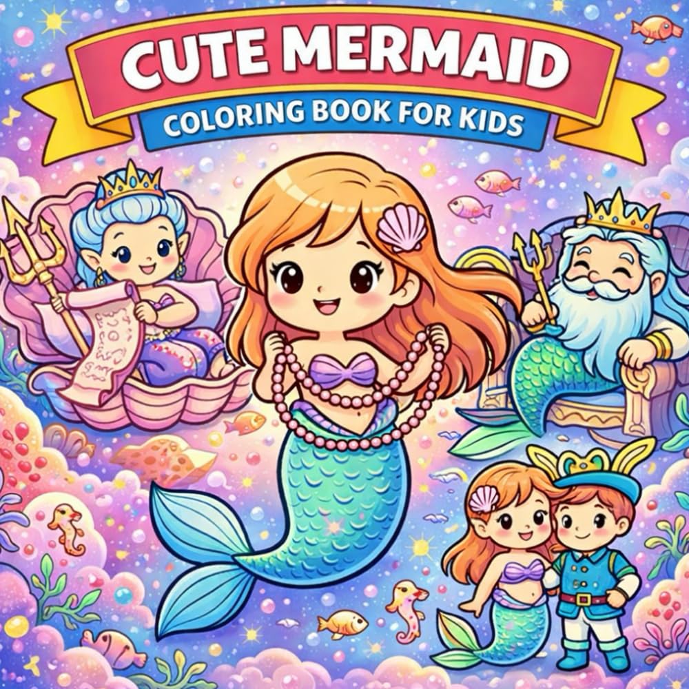 Cute Mermaid Coloring Book for Kids: Fun Underwater Adventures with Chibi Mermaids, Princes, and Sea Life for Ages 4-8
