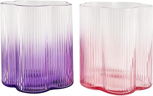 Juego de 2 vasos de bebida acanalados de 7 onzas con degradado con flores onduladas para adultos, cristalería estilo origami de color vintage, vasos