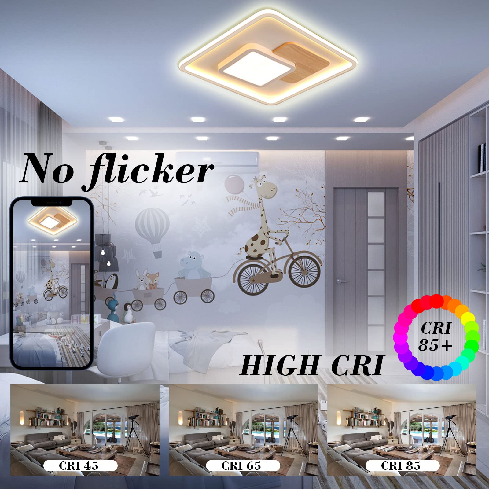 Quadrat LED Deckenleuchte, Deckenlampe mit Holz, Deckenlampen Dimmbar mit Fernbedienung,Moderne Holz Deckenlampe für Schlafzimmer Kinderzimmer Wohnzimmer Küche(51.5 * 51.5CM 50W)