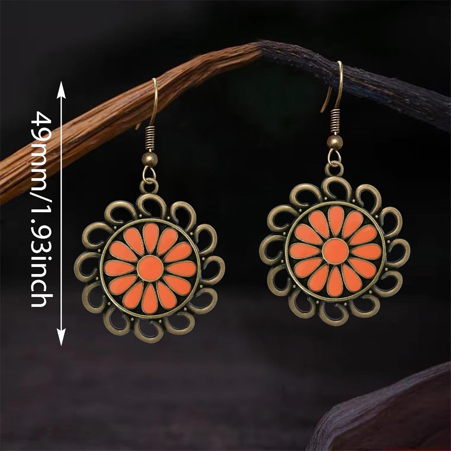 Unique Handmade Bohemian Bronze Tribal Hoop Spiral Flower Hook Earring Dainty Chic Vintage Brown Colorful Round Circle Geometry Sunflower Dangle Drop Earrings for Women Statement Jewelry Gifts - Image 2