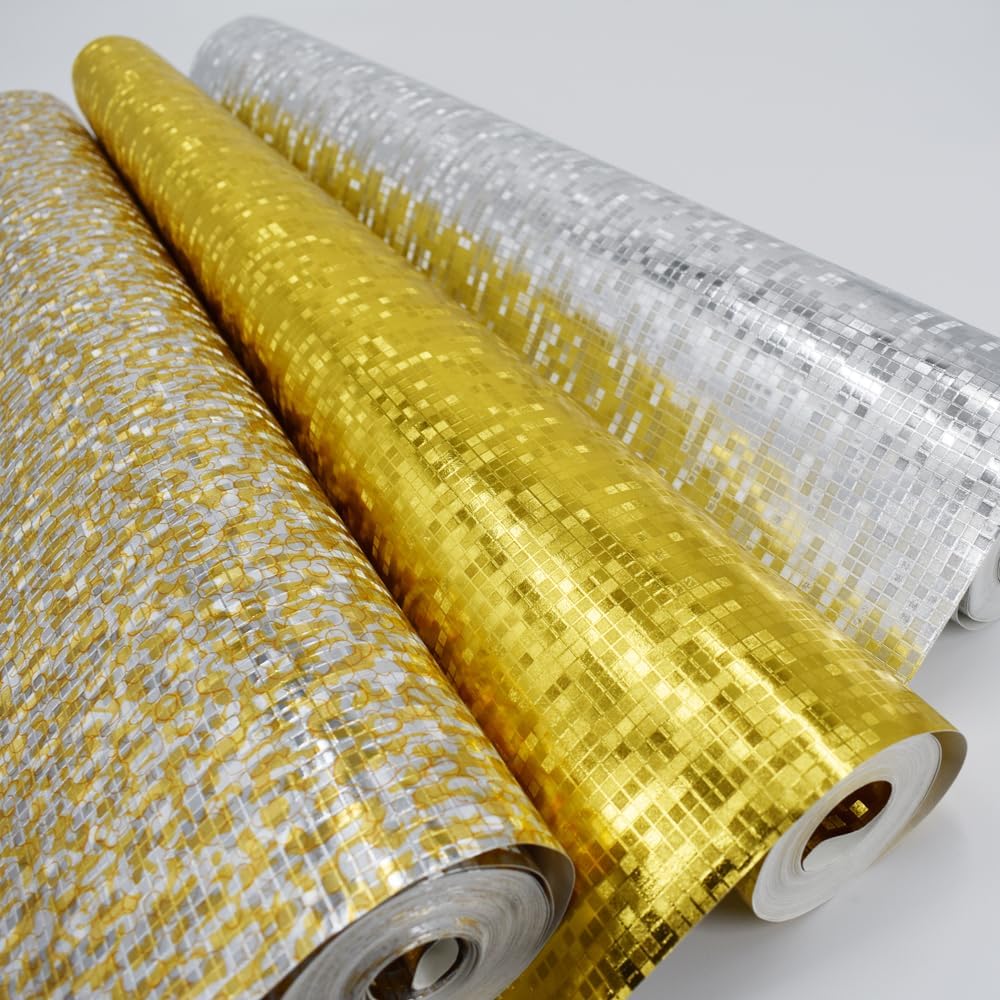 Q QIHANG 1.73' W x 32.8'L Small Gold Foil Lattice Mosaic Reflective Modern Style KTV Bar Wall Paper PVC Non-Pasted Wallpaper (Silver)