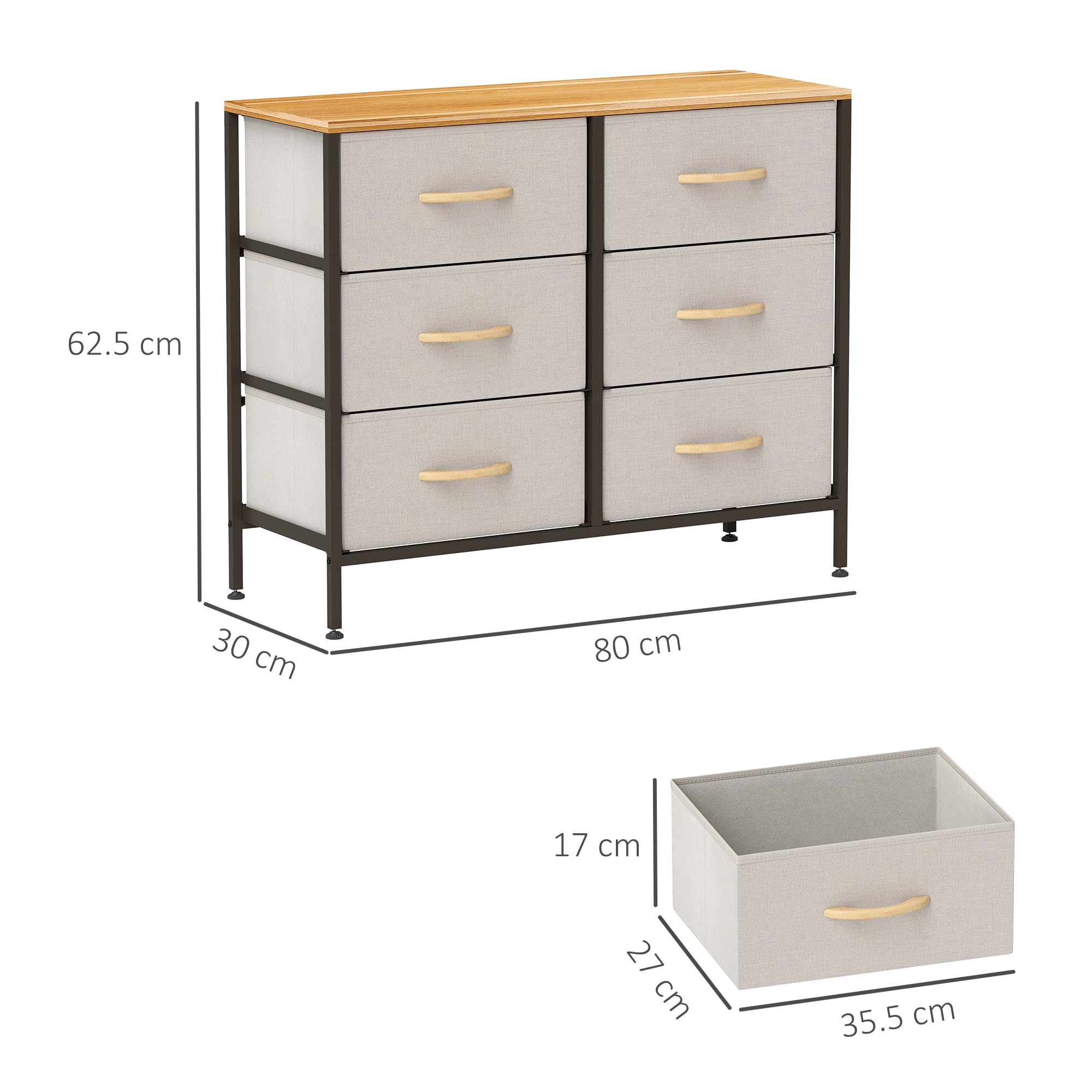 HOMCOM Kommode aus Stoff, industrielle Schlafzimmerkommode mit 6 Stoffschubladen, Stahlrahmen und Holzplatte für Kinderzimmer, Wohnzimmer, Flur, Cremeweiß