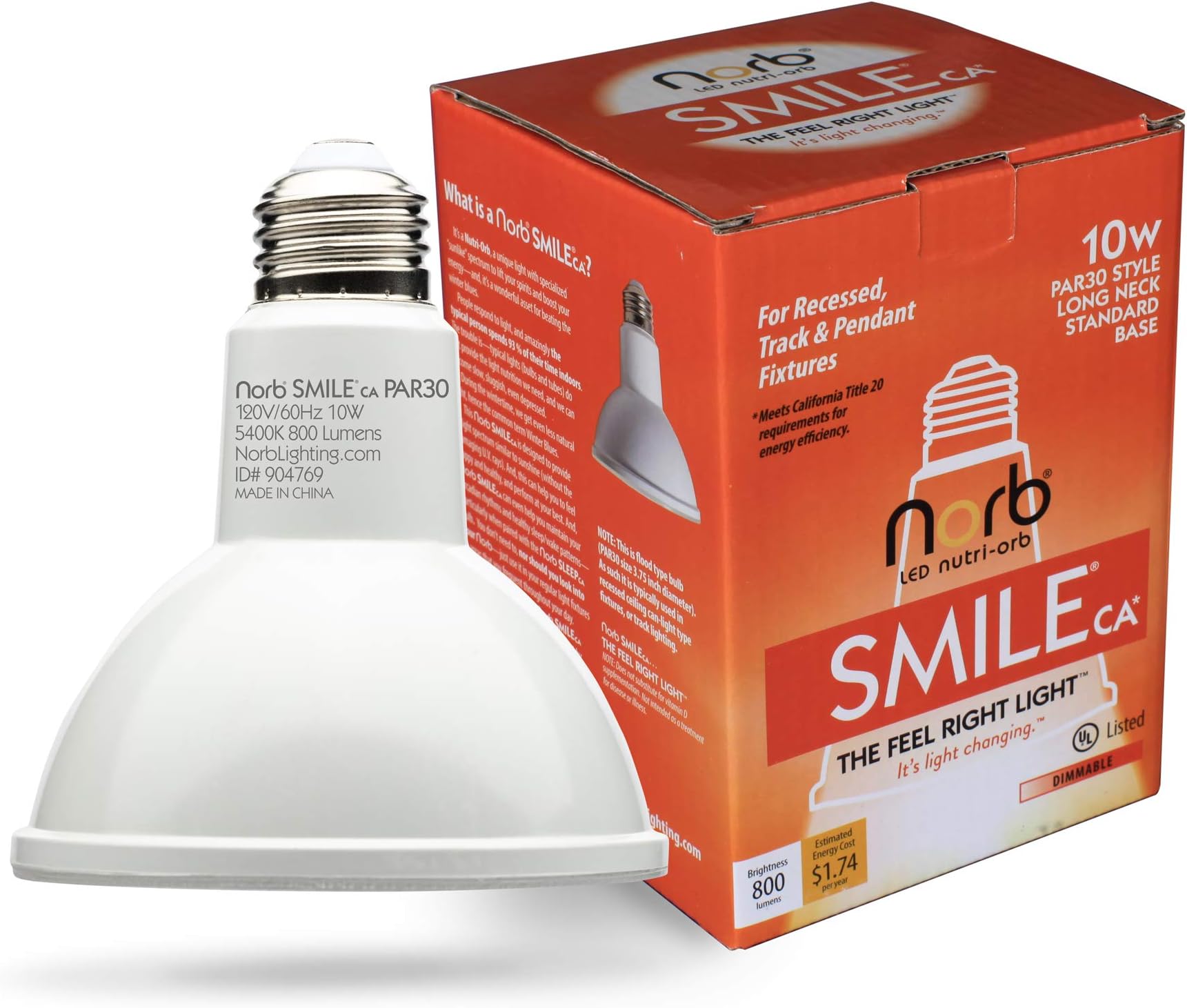 Norb NorbSMILE Full Spectrum Sun Light Bulb - CA California Energy Compliant, Par 30 Long Neck, 10W LED Flood Style Light Bulb, Natural Sunlike Spectrum Imitates Sunlight Indoors, Patented (1-Pack)