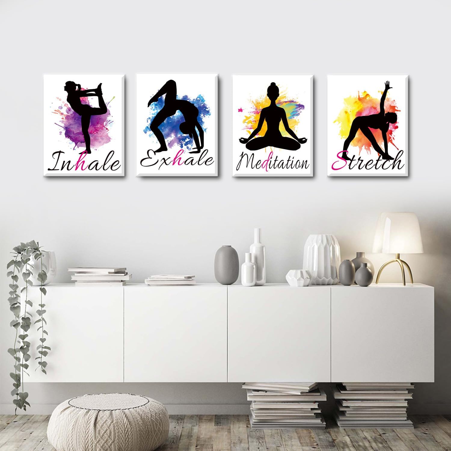 Set of 4 Yoga wall art print posters,Framed Watercolor Yoga Poster,Inhale Exhale Meditation Stretch Sports Room Painting Motivational Quote Artwork,for Home Gym Exercise bedroom Decor 8”X10”inch