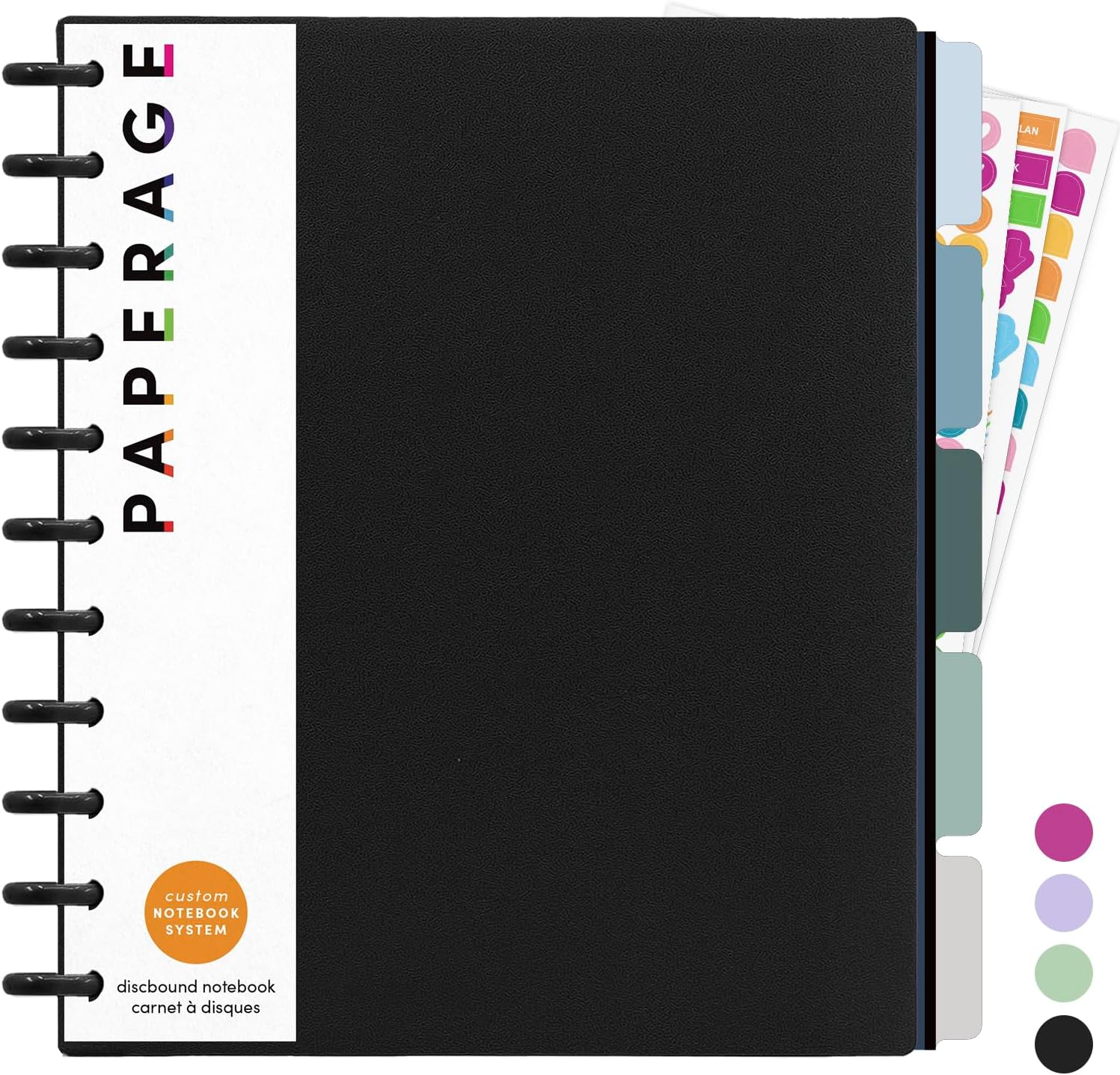 PAPERAGE Large Customizable Discbound Notebook, 114 Pages, All-in-One, 11-Disc Refillable Spiral Journal, 12-Month Undated Calendar, Dividers & Stickers (Black), 11.14 in x 9.6 in