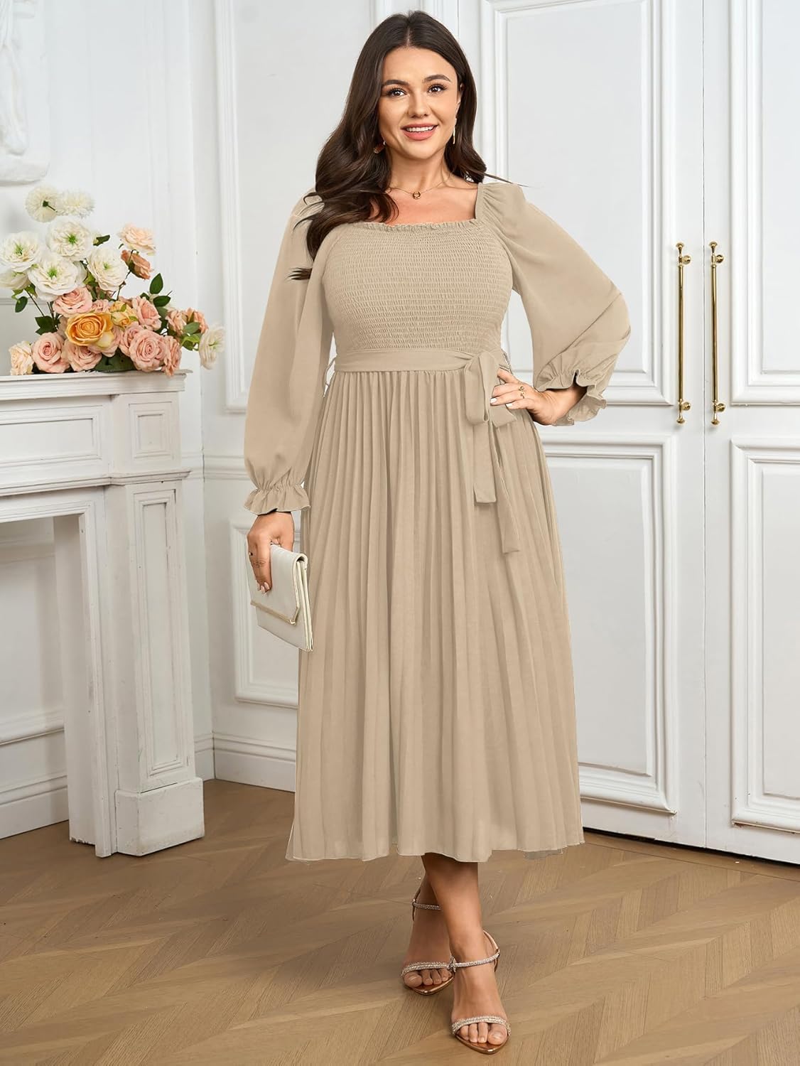 Women's Plus Size Dress Long Sleeve Smocked Square Neck Ruffle Pleated Flowy Wedding Guest Maxi Fall Dress - Image 8