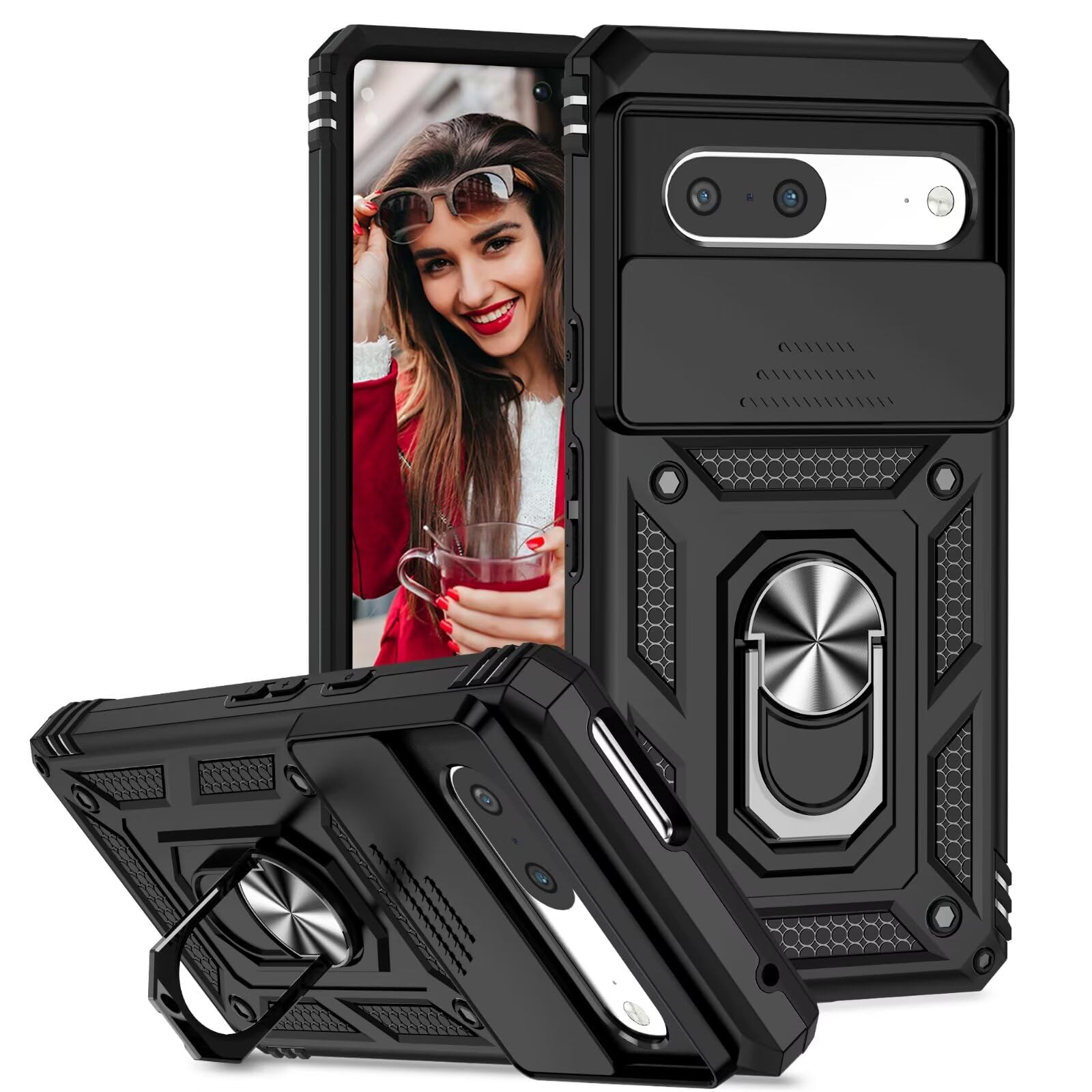 POUHYE Custodia Per Google Pixel 9 / Pixel 9 Pro Con Copriobiettivo Scorrevole – Antiurto Grado Militare, Anello Magnetico 360° E Supporto, Blu