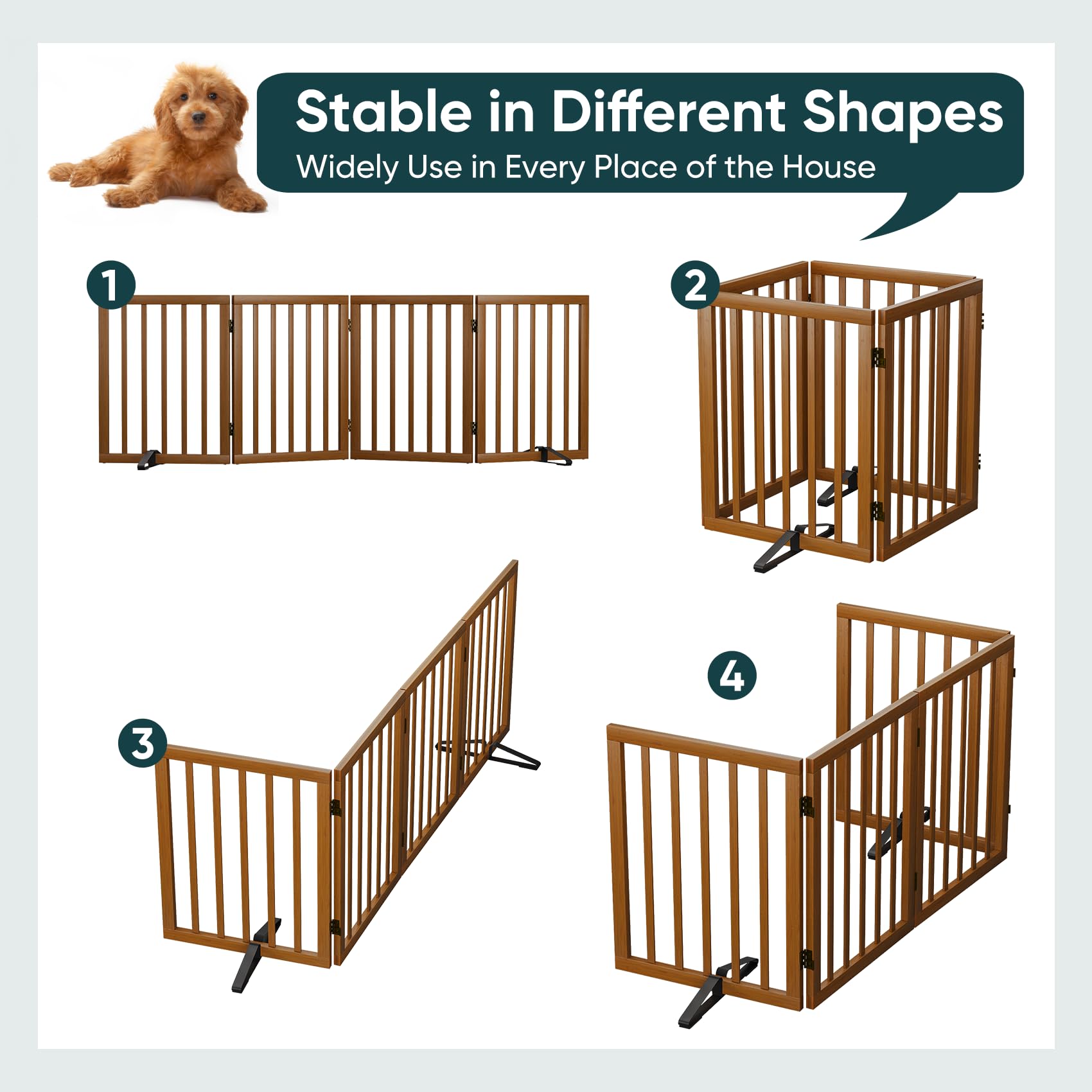 Semiocthome Freestanding Dog Gates and Barriers Indoor Pet Gates for Doorways and Stairs 60cm (H) - 4 Panels Puppy Gate with 2 Metals Stands Adjustable Safety Fence Fit Up to 188cm - Walnut — view 6