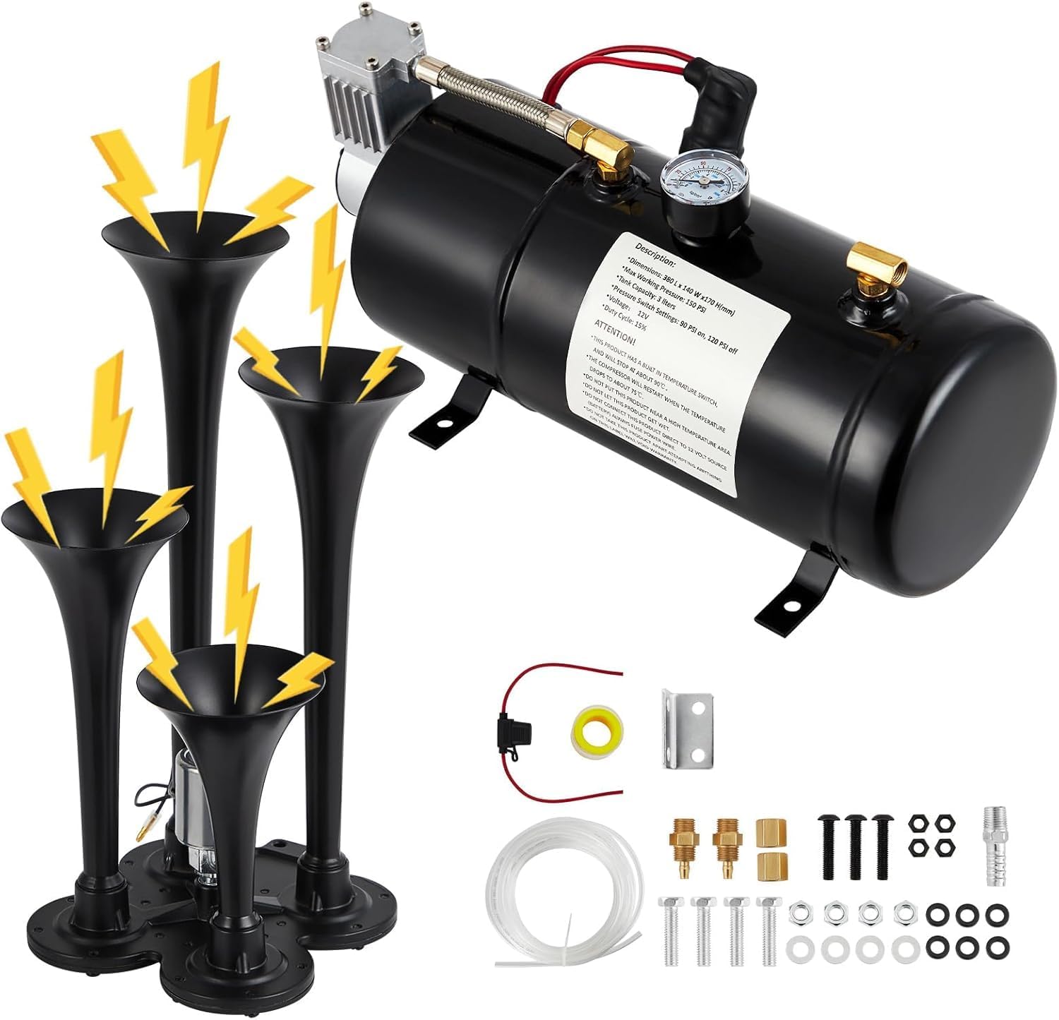 150DB Train Horns Kit for Trucks & Cars - 4 Trumpet Air Horn with 120 PSI Compressor & 0.8 Gallon Tank, 12v Super Loud Horn Kit for Pickup, Motorcycle, SUV, RV, Van, Boat (Upgrade Your Vehicle Warning