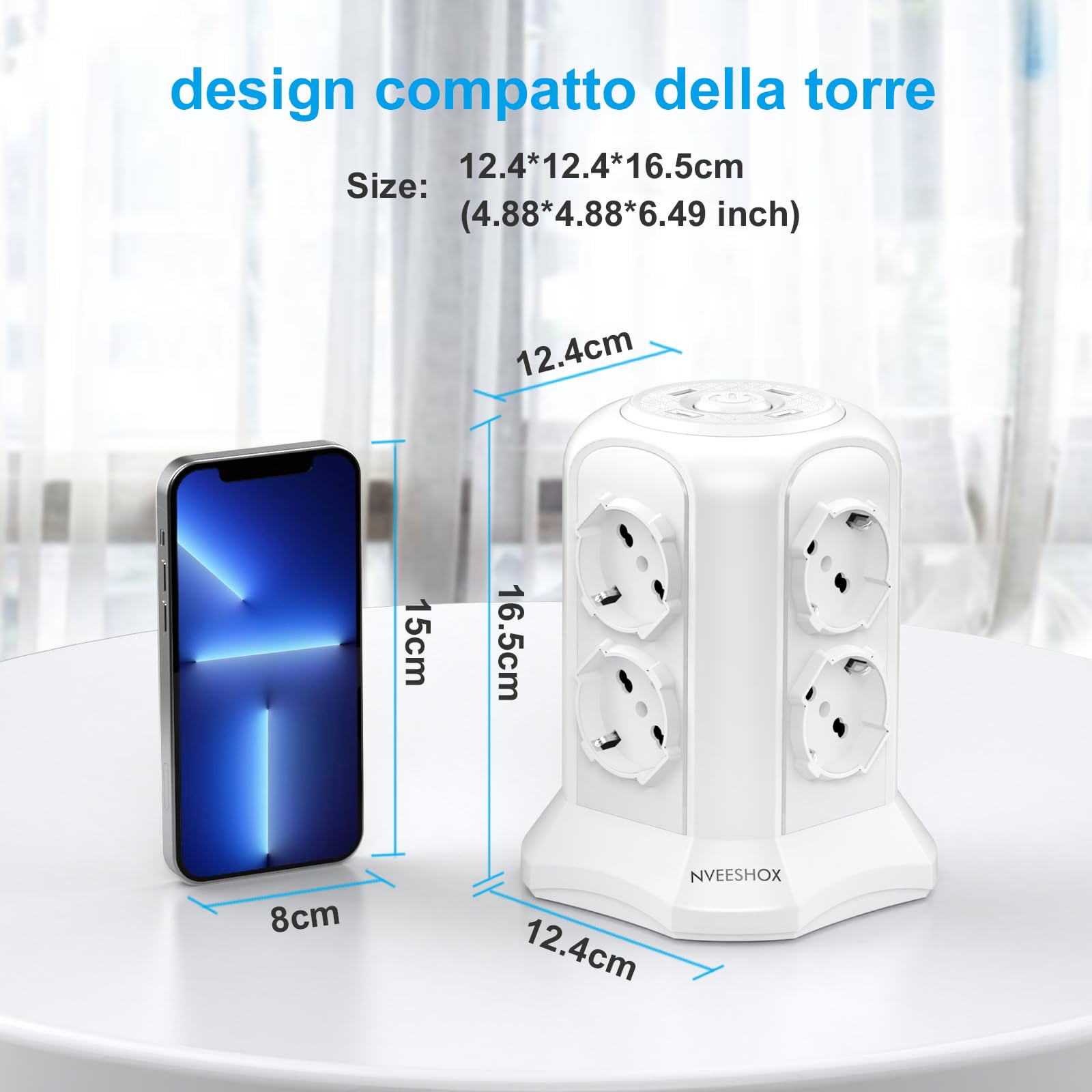 NVEESHOX Multiprise avec 8 prises universelles ITA 10/16 A et Schuko, 2 USB-C et 2 USB-A (20 W PD3.0), 4000 W/16 A, tour de protection surtension avec interrupteur, 2 m câble (blanc)