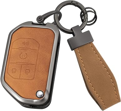 4 Button Key Fob Cover Compatible with Jeep Gladiator JT Sahara JLU 2018-2023 Jeep Wrangler JL JLU Rubicon Accessories Leather& Zinc Alloy Folding Key Shell with Keychains-4 Button Brown