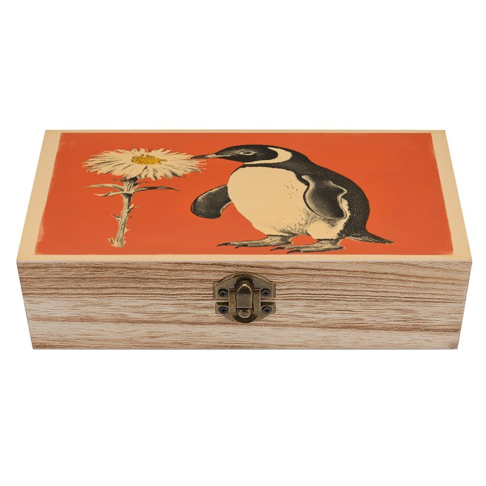 VstaDank A Flower And Penguin Wooden Storage Box Wooden Keepsake Box with A Hinged Lid Fashion Memory Treasure Boxes Decorative Jewelry Case for Crafts Photo Home Decor Wood Gift Box