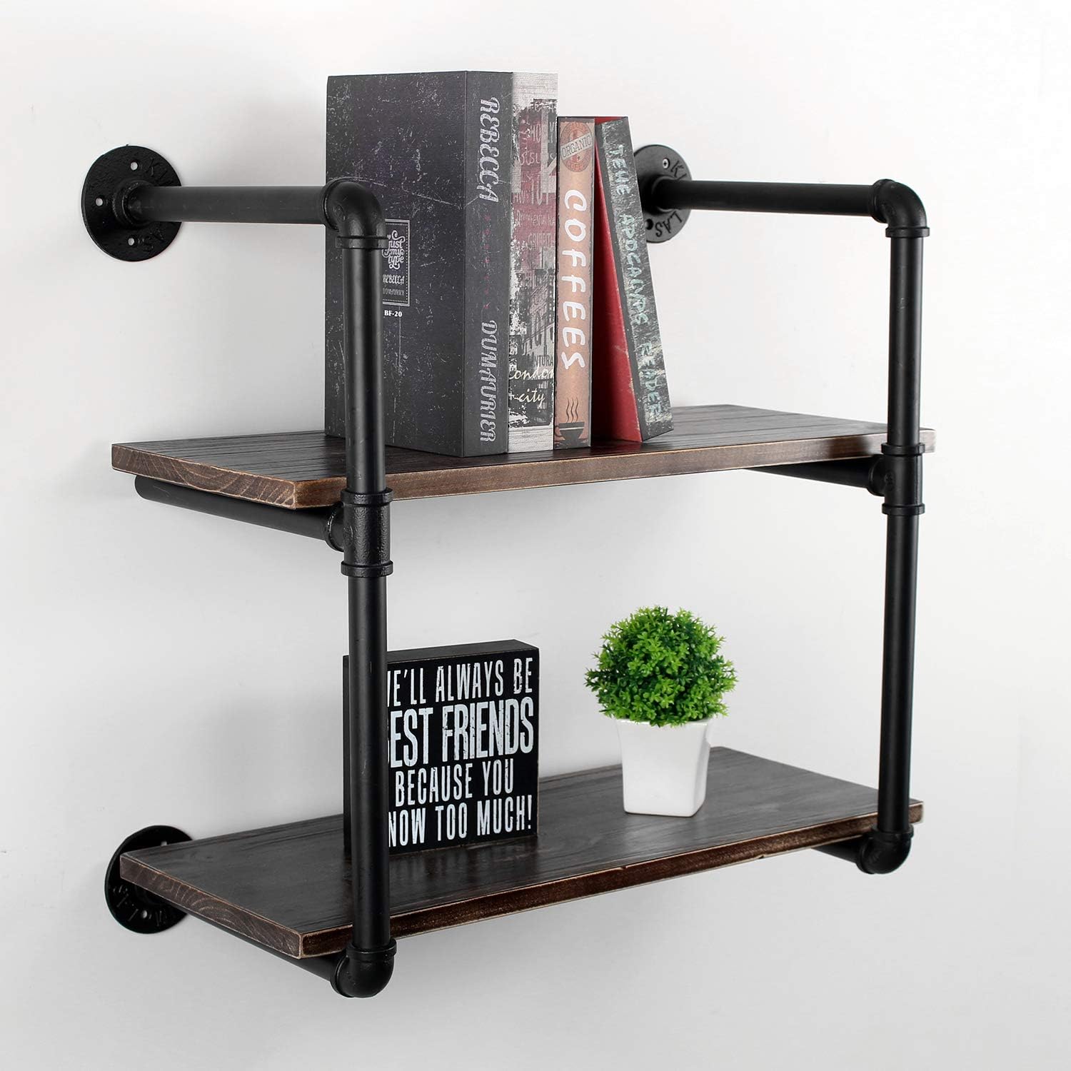 Suреr Brаndѕ MBQQ Industrial Retro Pipe Shelf 24in 2 Tier Wall Mounted,Rustic Floating Shelves,Farmhouse Kitchen Bar Shelving,Home Decor Book Shelves,DIY Bookshelf Hanging Wall Shelves,Black