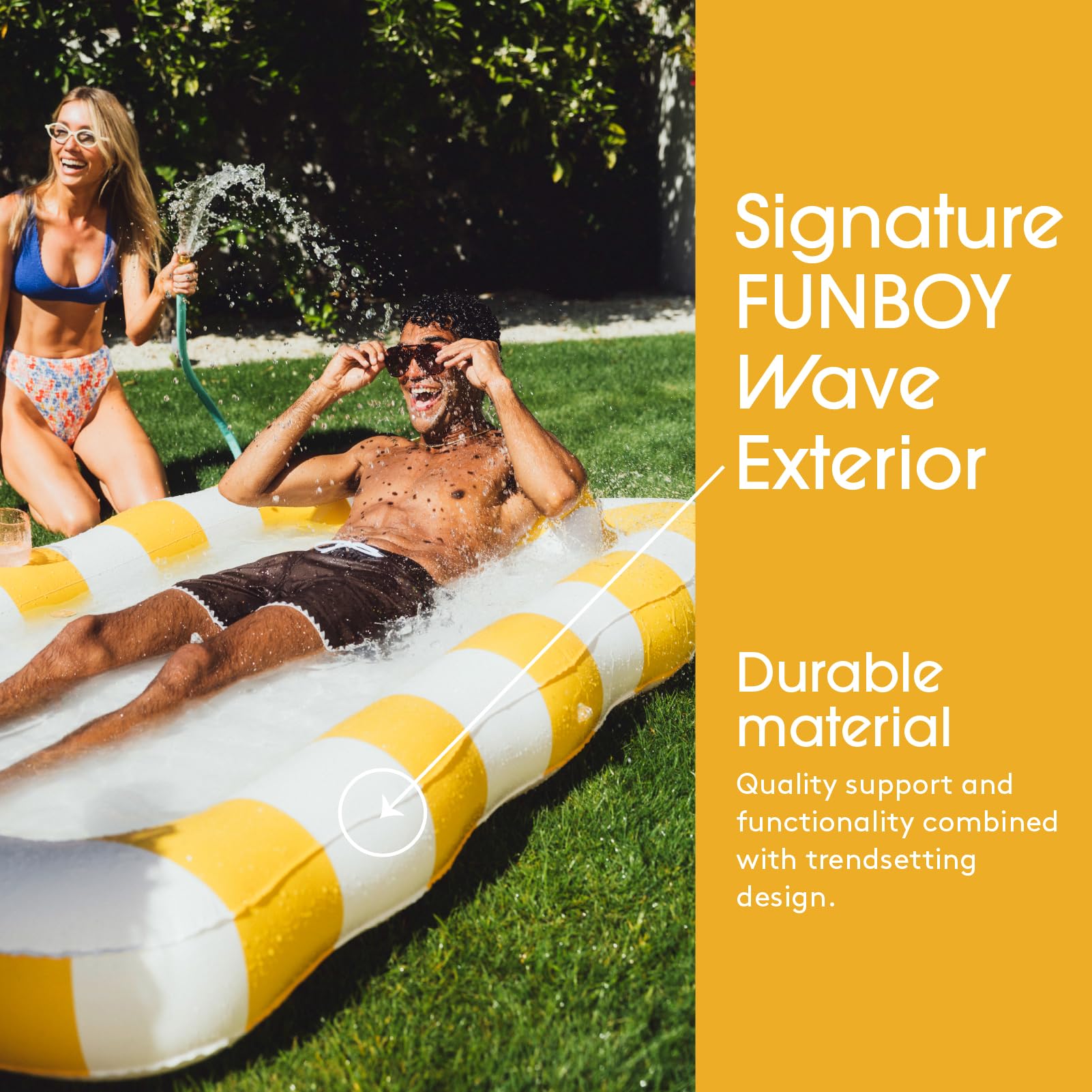FUNBOY Tanning Pool Lounger Float Yellow Stripe, XL 72'' x 48'' Pool Float with Custom Pillow and Large Cup Holder, Perfect for Pool or Backyard.