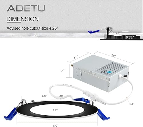 Miniatura 6 de Adetu 6 Pack 4 Inch Black 5CCT Ultra-Thin LED Recessed Ceiling Light with Junction Box,Dimmable Canless Wafer Downlight2700K-5000K Selectable,9W Eqv