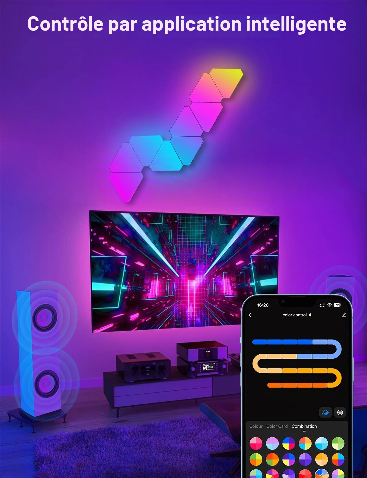 Panneau LED Mural, Applique Murale Interieur LED RGB Triangles Télécommandée Deco Gaming Fonctionne avec Alexa/Google Assistant,App et Contrôle Vocal Musique Sync pour Chambre,9 Panneaux Lumineux