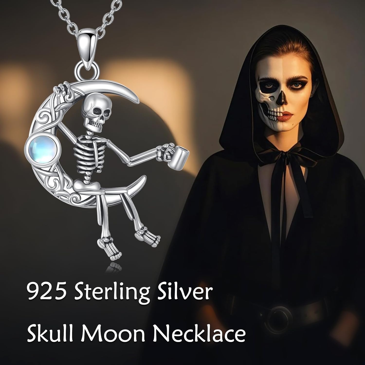 YAFEINI Gothic Skeleton Necklace 925 Sterling Silver Moonstone Skeleton Moon Pendant Necklace Skull Gothic Jewelry Gifts for Women - Image 6