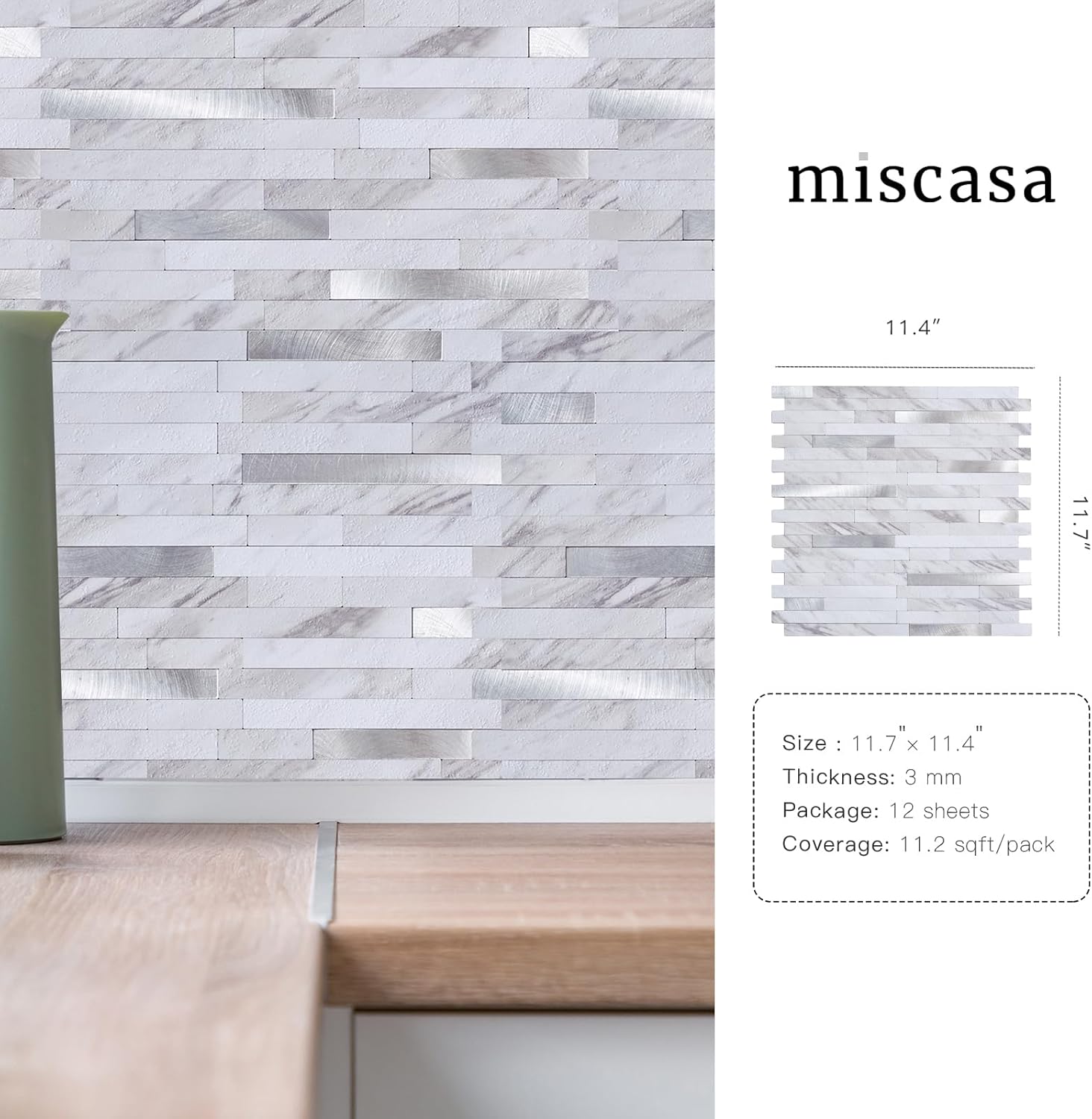12-Sheet 11.5"×11.7" Peel and Stick Backsplash Tile,Faux Volakas White Stone Wall Backsplash, 11.2 sq.ft