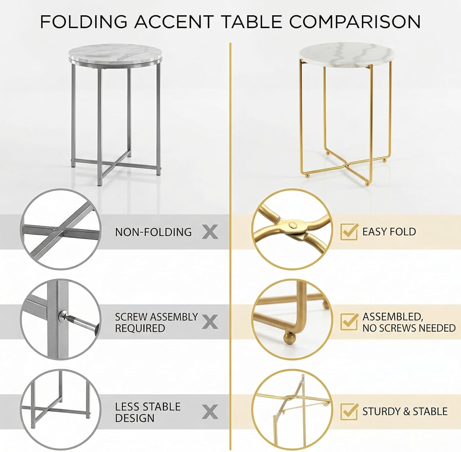 Real Marble Side Table, No Assembly Required Round End Table for Living Room, 15" Modern Small Accent Bedside Table with Gold Metal Legs, Waterproof Nightstand for Sofa, Bedroom, White