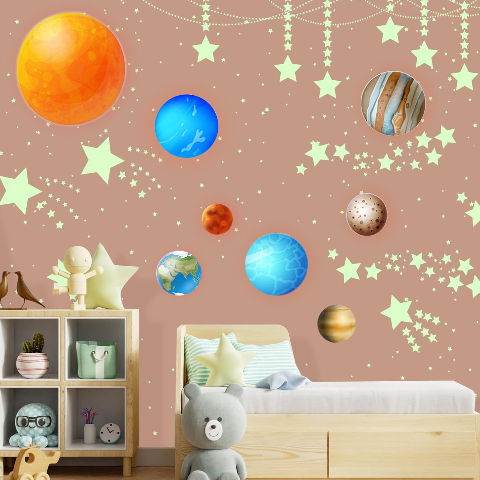 Leuchtsterne Kinderzimmer 444 Stück Größe variiert, Mond Deko für Leuchtende Sterne für Kinderzimmer, Rückstandslos zu Entfernende Leuchtsticker für Baby Schlafzimmer Kinderzimmer Deko