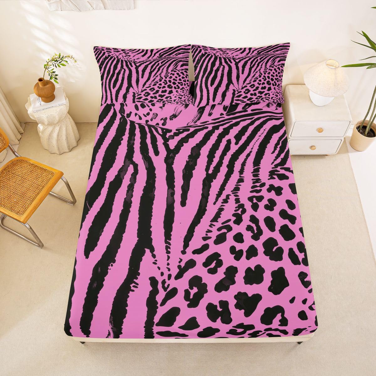Homewish Zebra Leopard Print Prześcieradła Podwójne Paski Zebra Zestaw Pościeli Gorący Różowy Estetyczny Nadruk Zwierząt Zestaw Pościeli - Czarne Abstrakcyjne Geometryczne Linie Dopasowane Płaskie