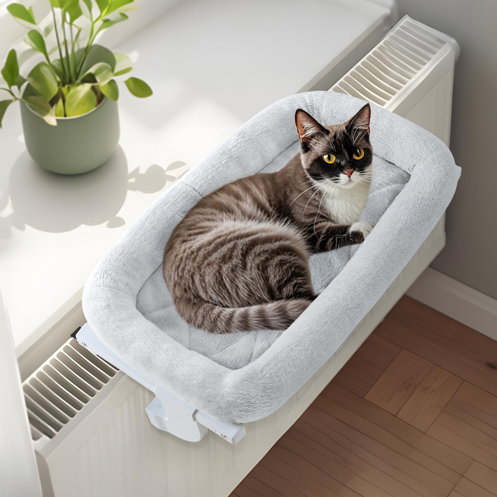 GUUSII HOME Katzen Heizungsliege Katzenliege Balkon Katzenbett für Katze Bettkante Heizung Kätzchen Hängen Liegeplatz Einhängen Heizungsbett Hängematte Heizkörperliege Halten 18kg(Grau,L)