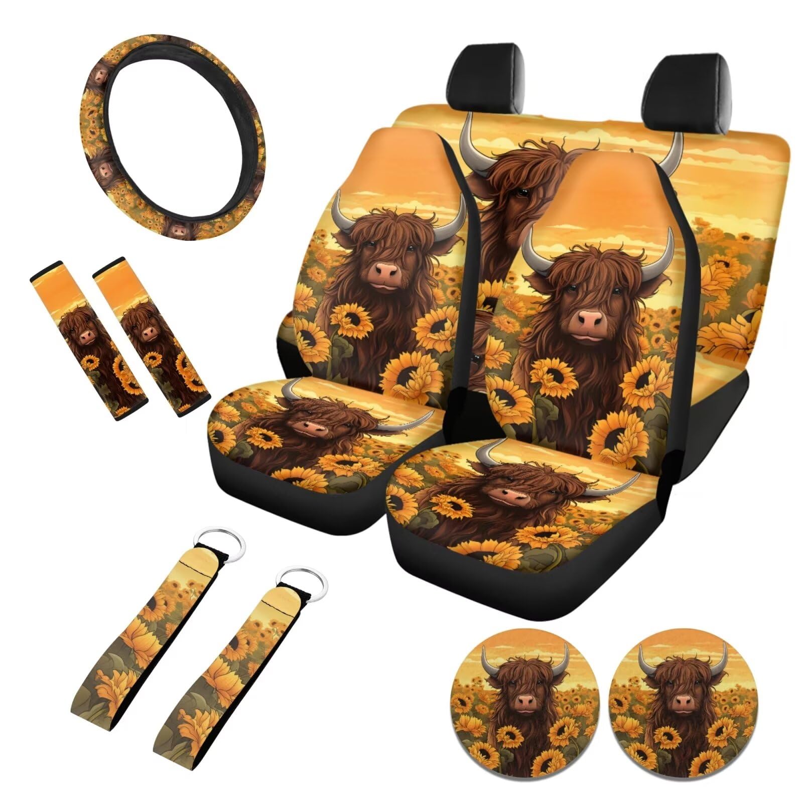 Tongluoye Highland Cattle Sunflower Car Seat Covers Universal Full Set Car Accessories Car Steering Wheel Cover/Seat Belt Cover/Coasters/Keychains,